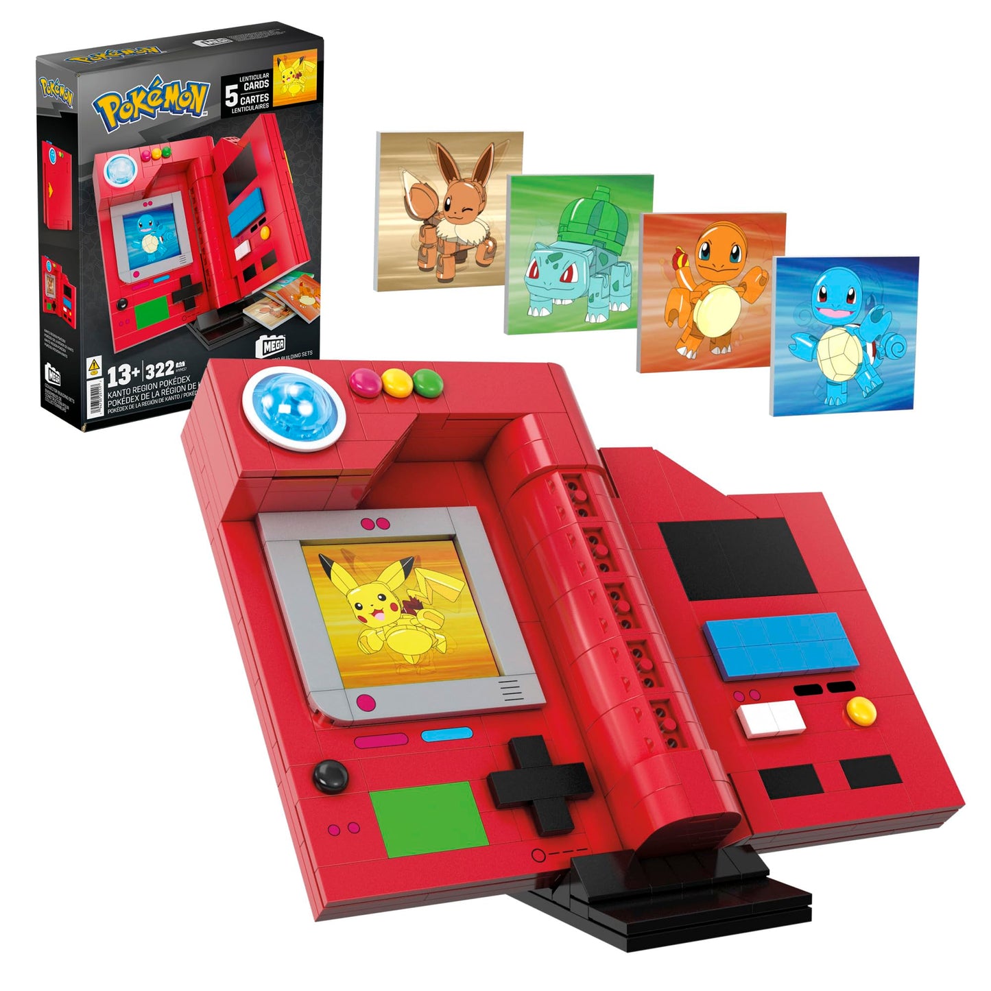 MEGA Pokémon Building Toys Set, Kanto Region Pokédex with 322 Pieces, Light and 5 Lenticular Cards, for Kids or Adult Collectible