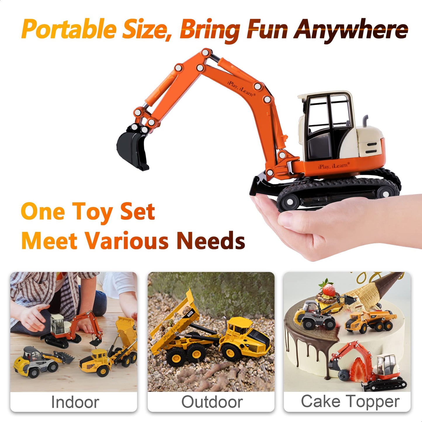 iPlay iLearn Heavy Duty Construction Playset with Metal Dump Truck, Excavator, Bulldozer & Tractor - Outdoor Sandbox Toy for Kids 3-5