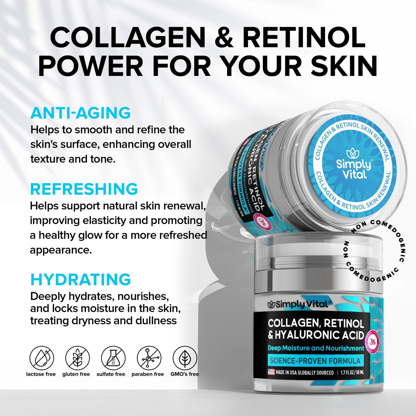 SimplyVital Collagen Retinol & Hyaluronic Acid Cream - Anti-Aging Face, Neck & Décolleté Moisturizer, Day & Night, 1.7 fl oz