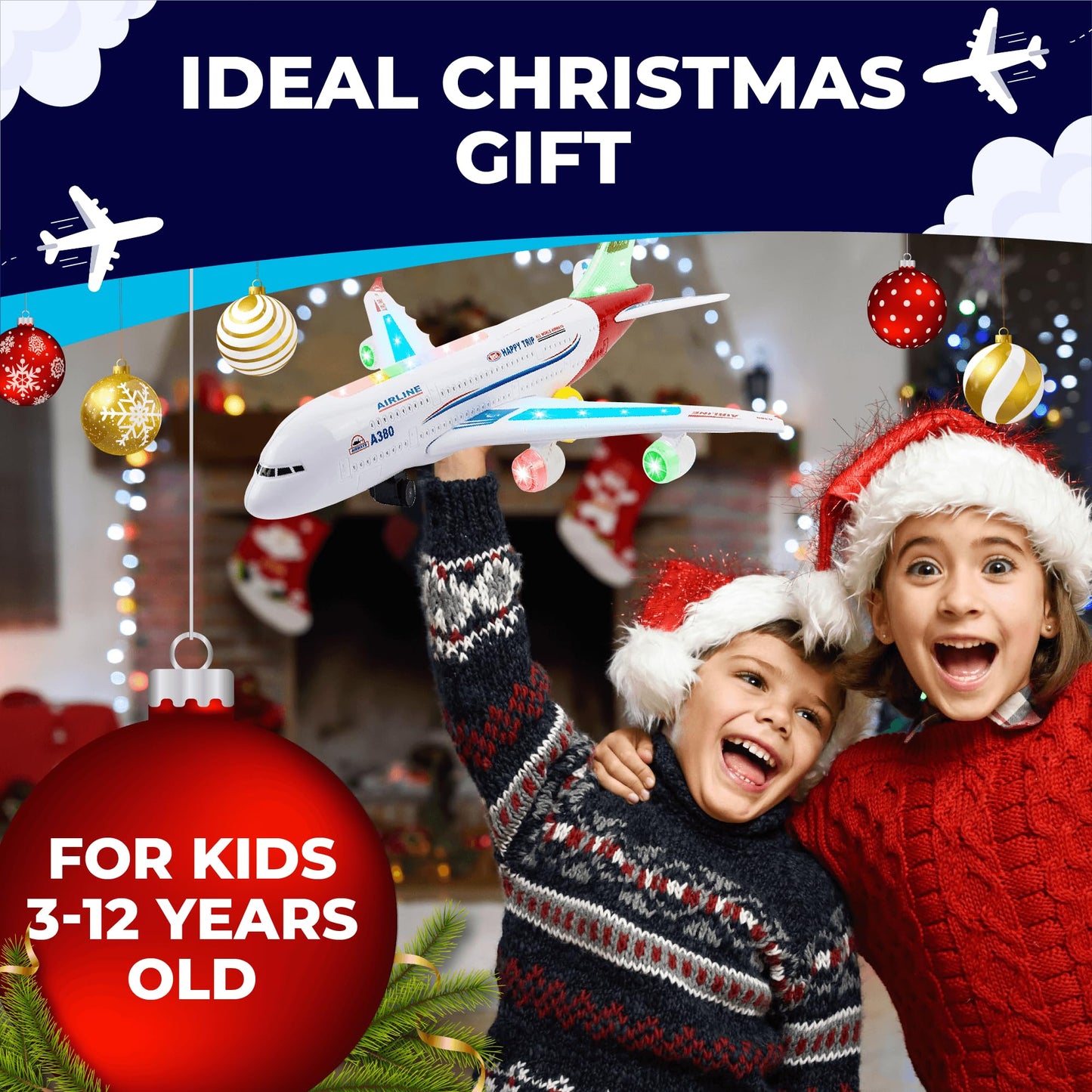 Toysery Airplane Toy for Kids – Bump & Go Action Plane with LED Lights & Sounds, Airbus A380, Toddler Toy for Boys & Girls 3-12 Years