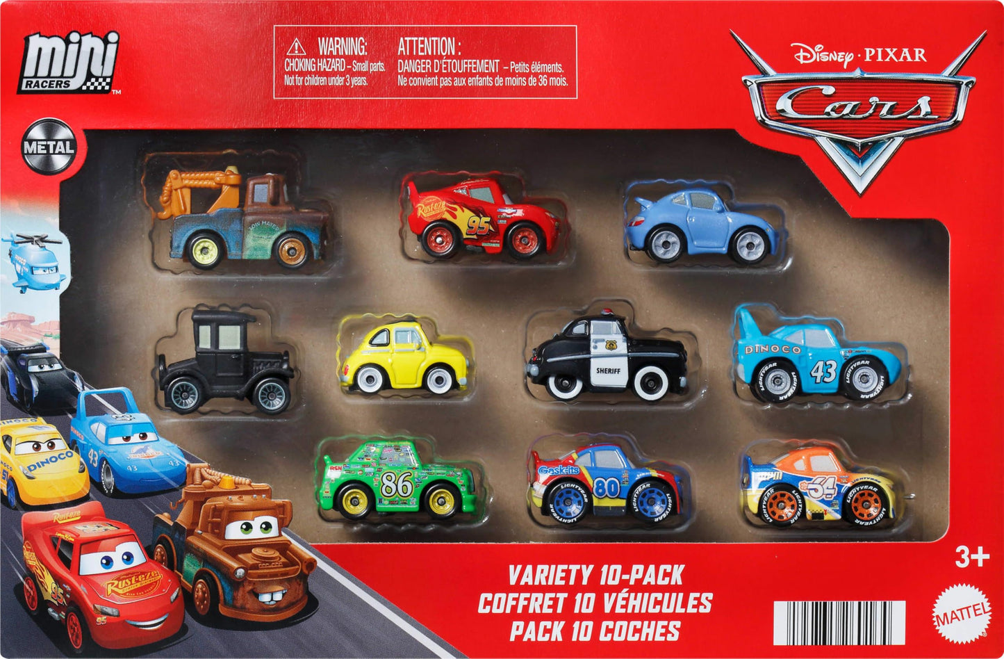 Mattel Disney Pixar Cars Toy Vehicles 10-Pack, Set of 10 Mini Racers of Favorite Characters from The First Cars Movie (Styles May Vary)