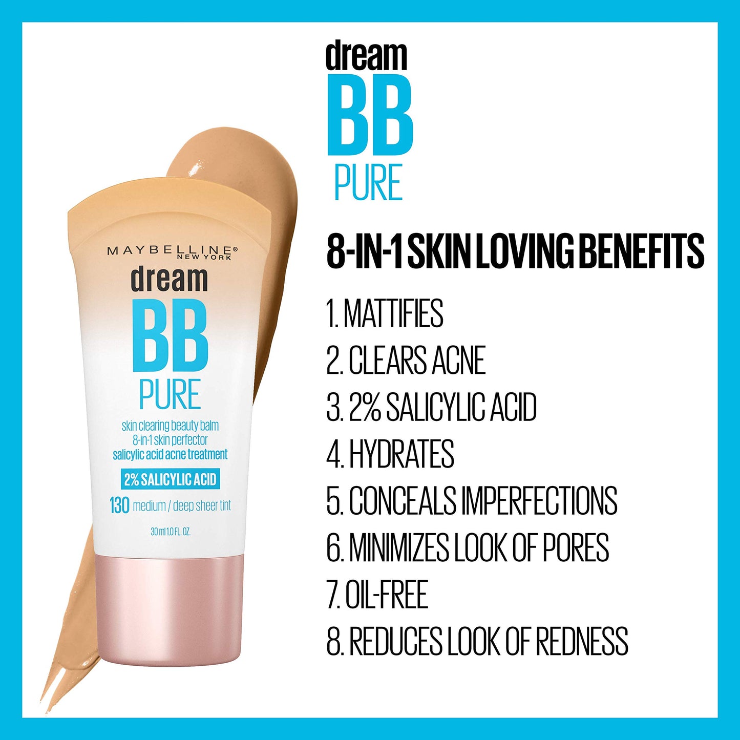 Maybelline Dream Pure BB Cream, 8-in-1 Skin Perfecting Beauty Balm with 2% Salicylic Acid, Oil-Free Sheer Tint for Acne-Prone Skin, Medium, 1 Count