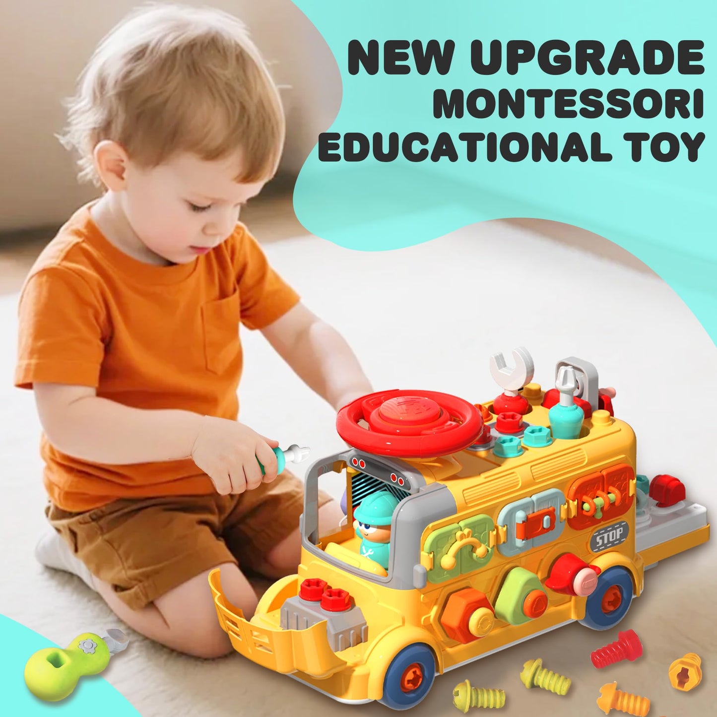 iPlay, iLearn Toddler Busy Bus Toy – Take Apart School Bus with Tools, Steering Wheel & Gears, STEM Montessori Push-Go Toy for Ages 3-5