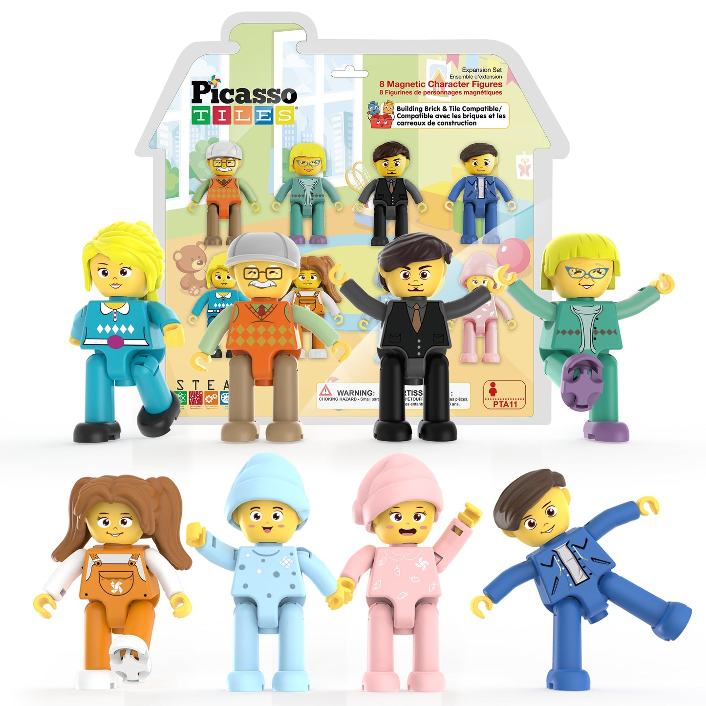 PicassoTiles 8-Piece Magnetic Action Figures Set – Family Characters for STEM, Creative Play & Magnet Tile Building Expansion, PTA11