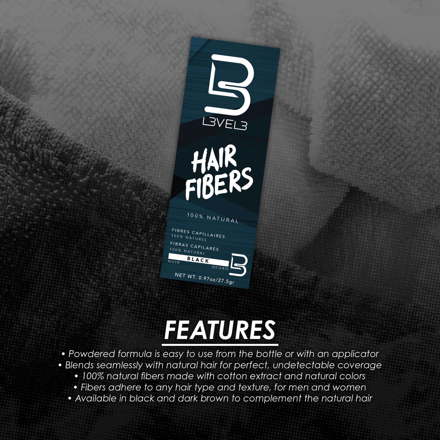 L3 Hair Fibers - Cover Bald Spot or Thinning Hair - Natural Looking Finish - Instant Grey Coverage and Thicker Hair (Black)