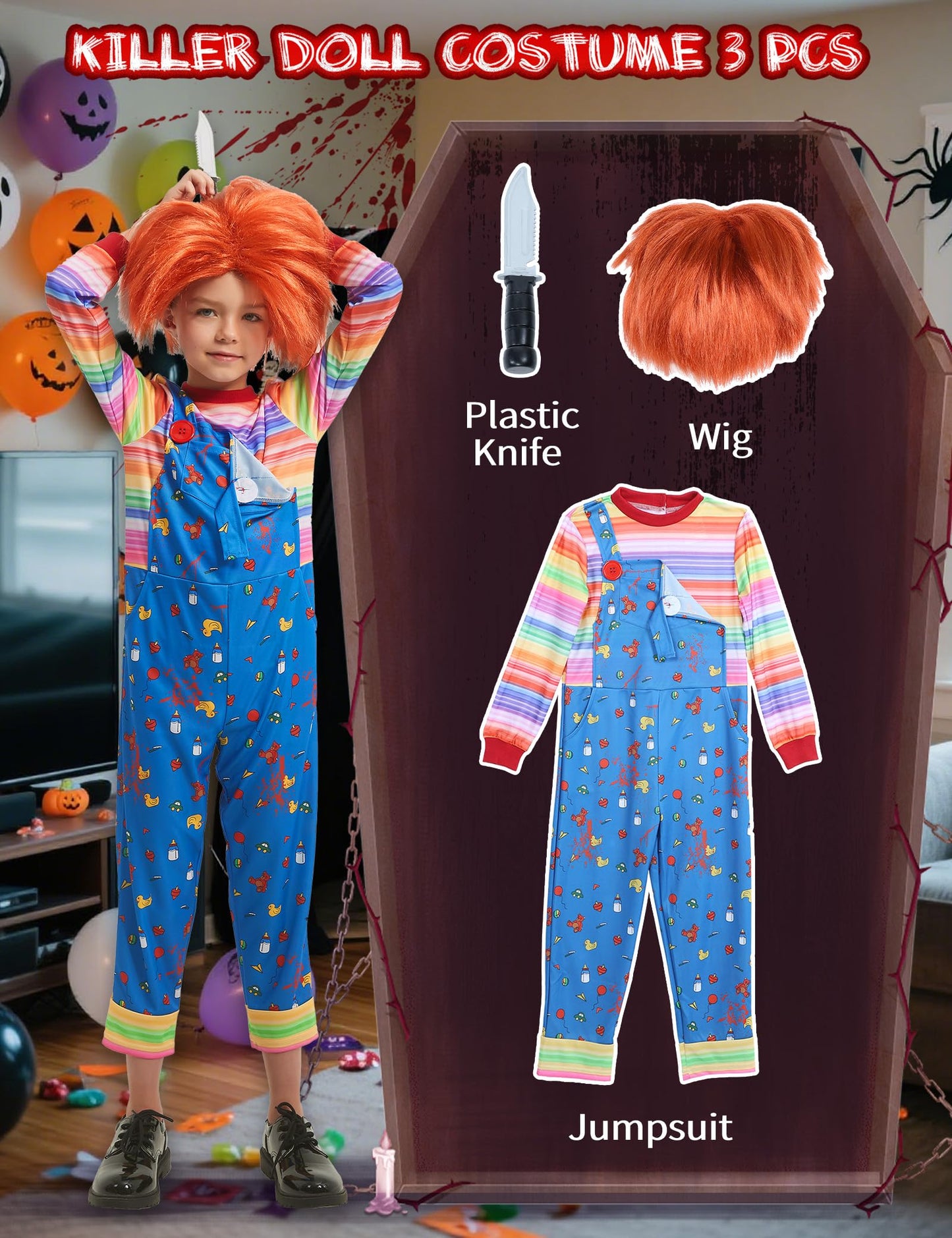 Zeepair Kids Scary Doll Costume Set Horror Killer Toy Outfit with Striped Jumpsuit Wig Prop Knife for Halloween Cosplay Party M