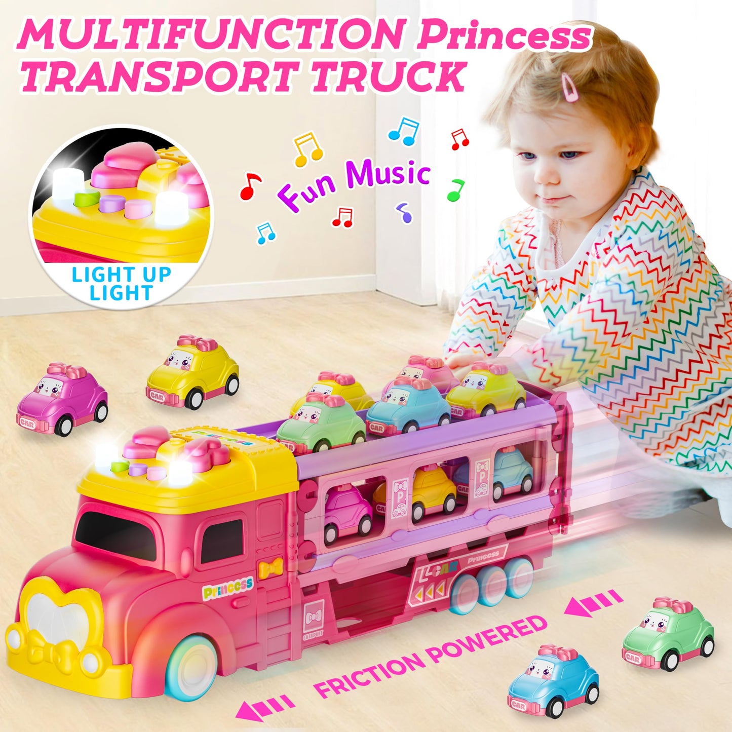 Funwee Foldable Car Track Toy for Girls Age 2-7, 2-Player Race Mode, Light & Sound Cars with Transport Truck, Birthday Gift Idea