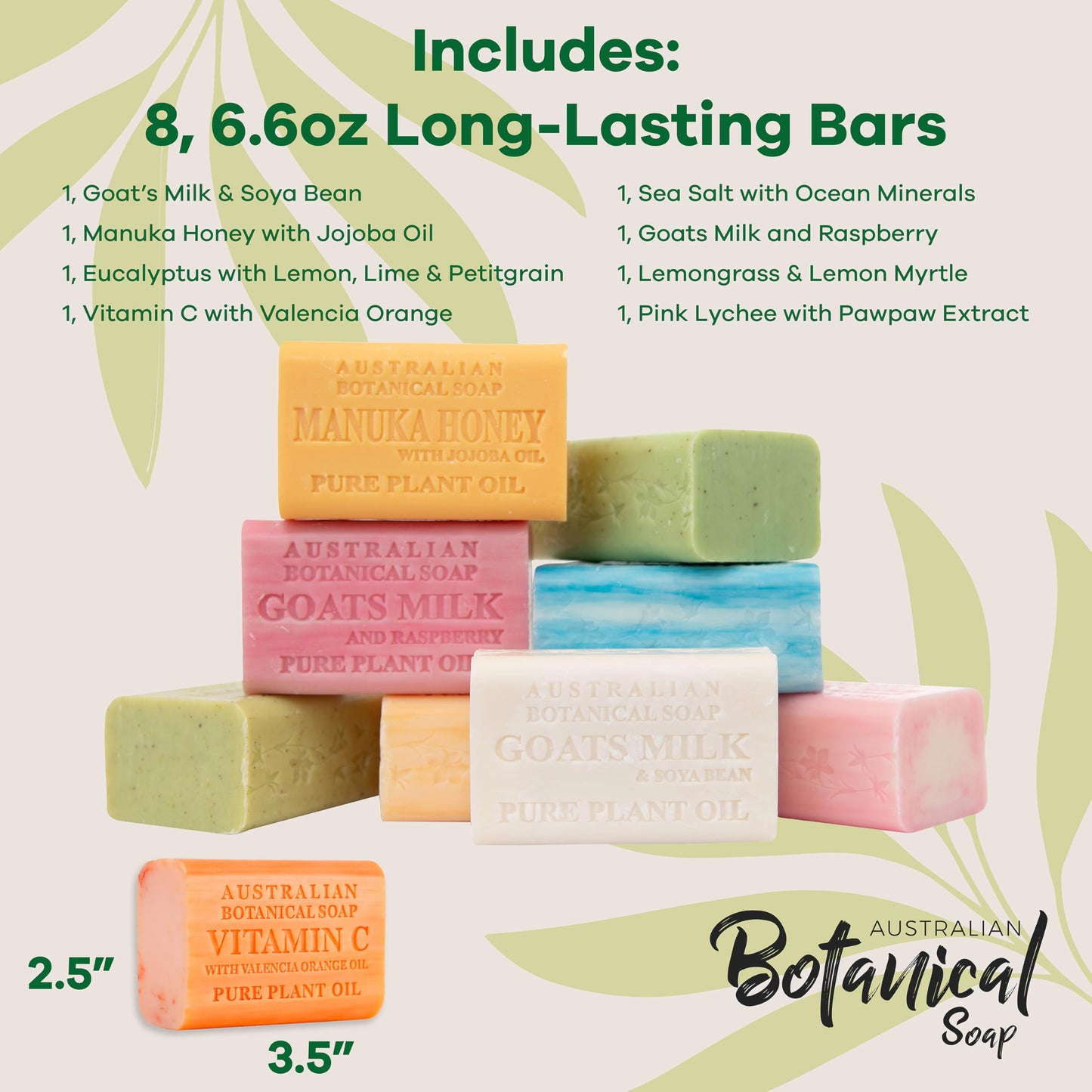Australian Botanical Soap 6.6oz – 8 Triple Milled Bars with Organic Shea & Plant Oils, Natural, Moisturizing, Variety Pack for All Skin Types