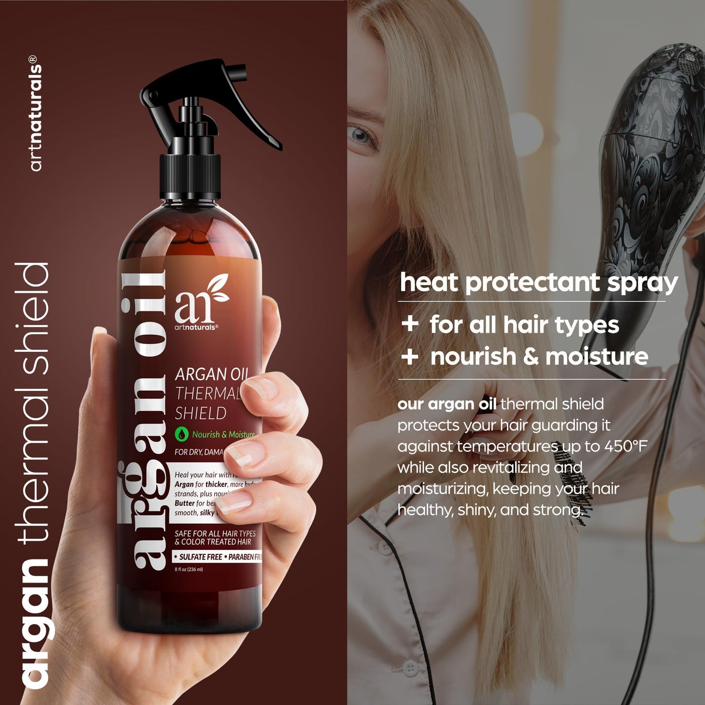 Artnaturals Thermal Hair Protector Spray 8 Fl Oz | Argan Oil Heat Protectant for Flat Iron & Styling | Prevents Damage, Breakage & Split Ends | Sulfate Free