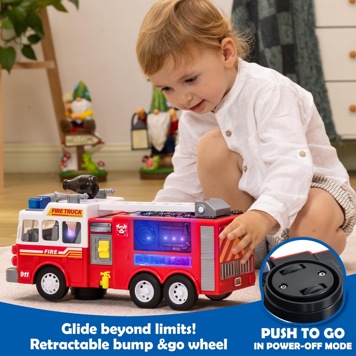 JOYIN LED Fire Truck Toy for Toddlers – Bump & Go Fire Engine with LED Lights, Sirens, Mode Switch & Volume Control, Boys & Girls Gift