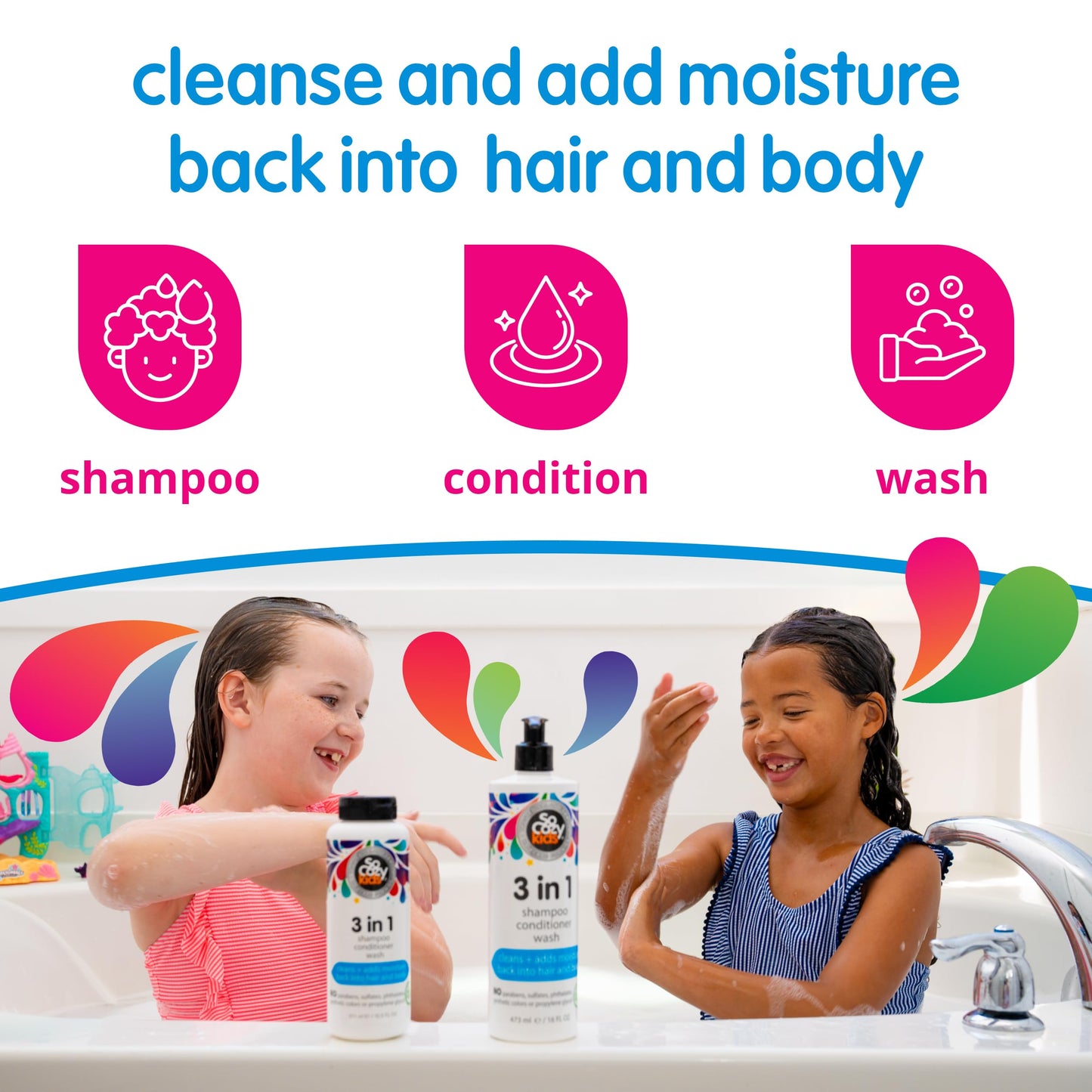 SoCozy Kids 3-in-1 Shampoo, Conditioner & Body Wash 16 oz | Gentle Hydrating Cleanser with Keratin, Vitamin B5 & Kiwi | Sulfate-Free