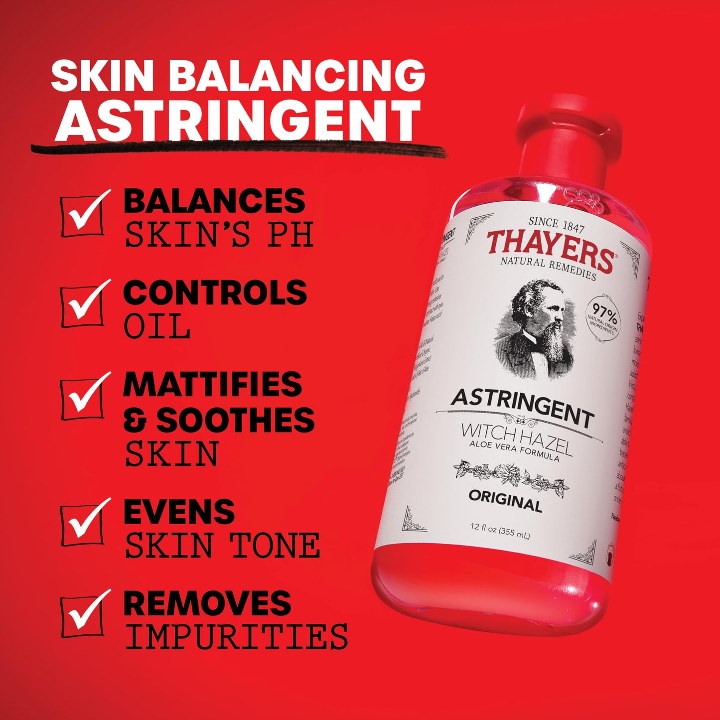 THAYERS Original Witch Hazel Astringent with Aloe Vera, 12 Ounce Bottle