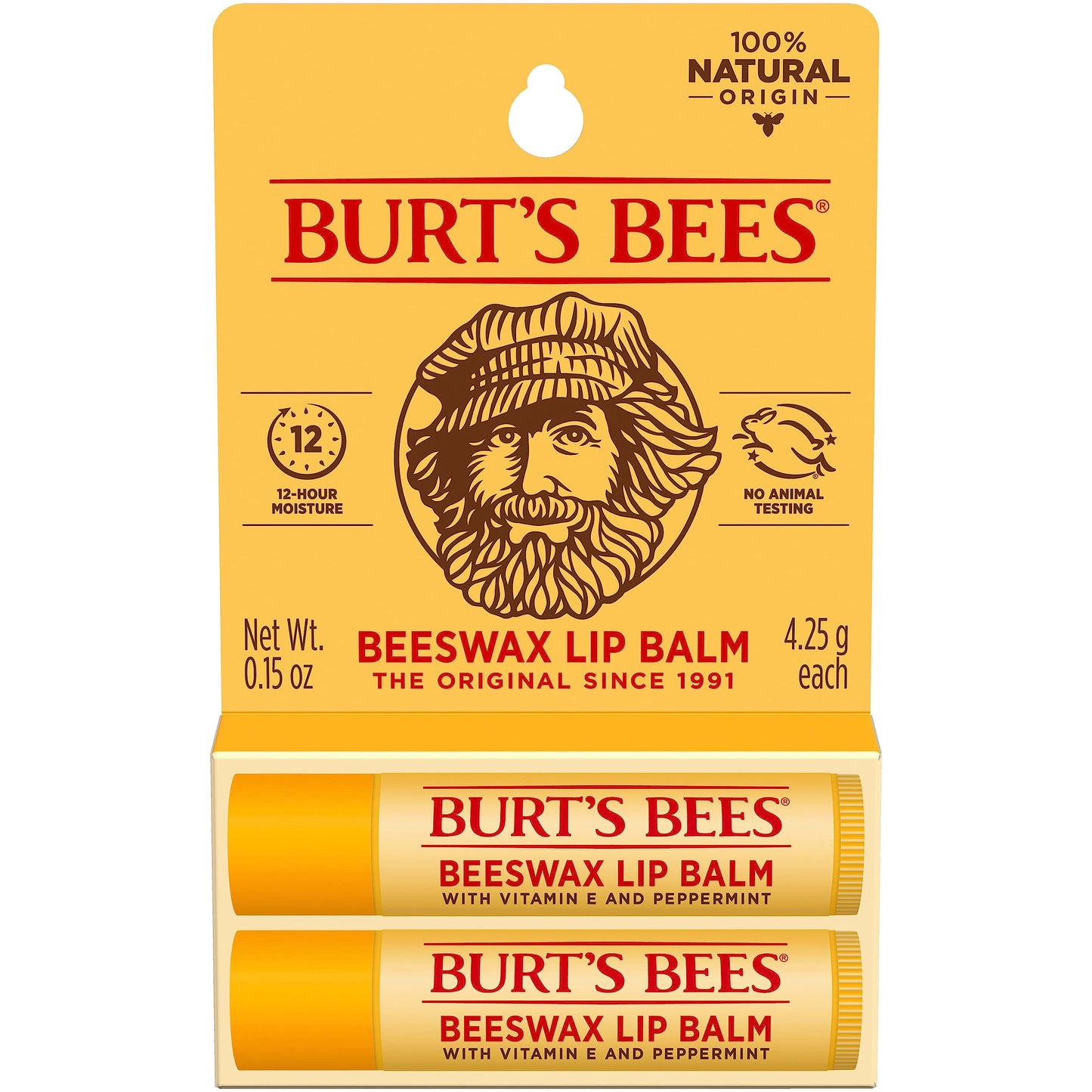Burt's Bees Original Beeswax Lip Balm - Natural, Tint-Free Moisturizer with Responsibly Sourced Beeswax, 2 Tubes, 0.15 oz Each