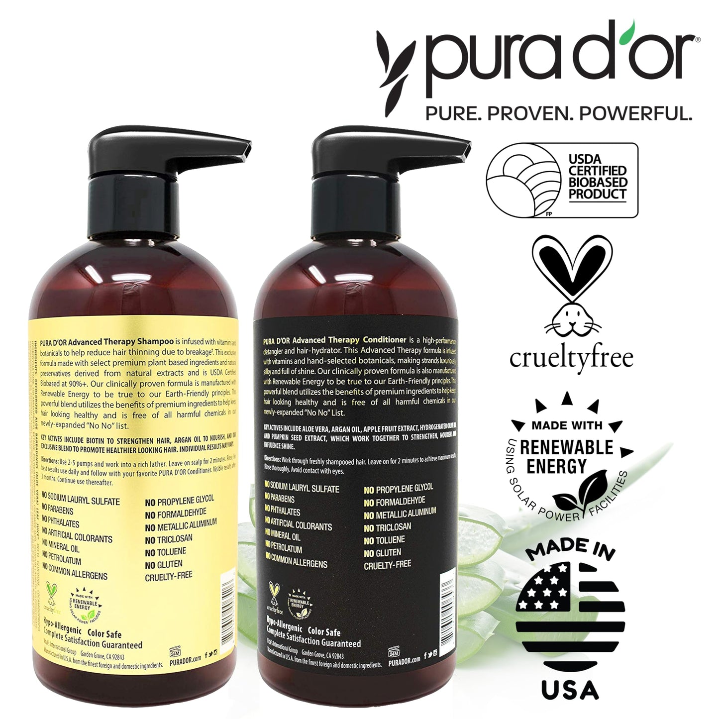 PURA D'OR Advanced Therapy Biotin Shampoo & Conditioner Set – For Thinning Hair, Clinically Tested, Herbal Hair Thickening for Women & Men, 16oz x2
