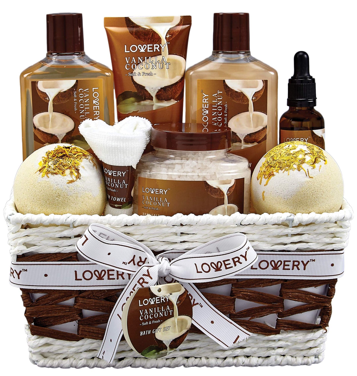 Gifts for Women Spa Basket β 9-Piece Vanilla Coconut Set with Lotions, Bath Bombs, Coconut Oil, Luxury Towel & More