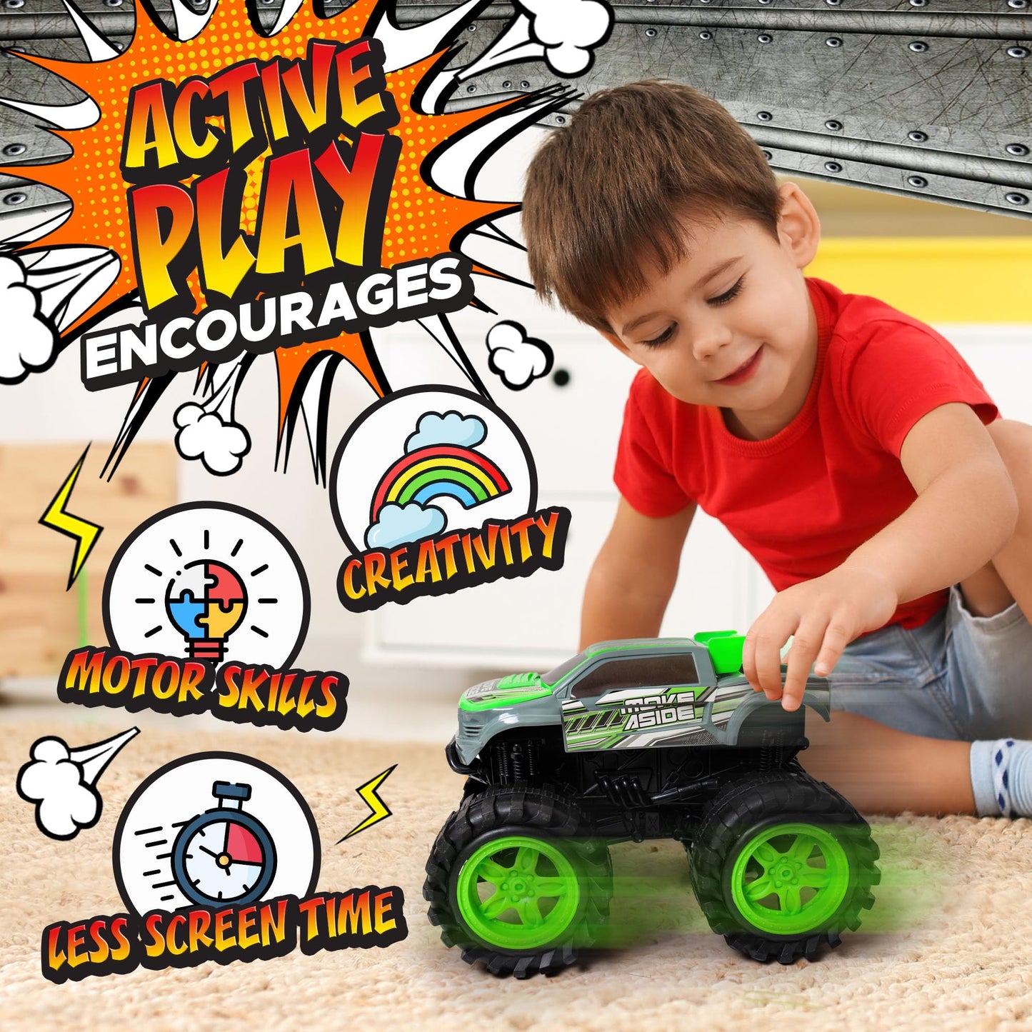 Exploding Monster Truck Toy with Crash Sounds & Lights, 8.7” Smash & Go Truck for Boys Kids 3-7+ | Toddler Gift for 3 Year Olds