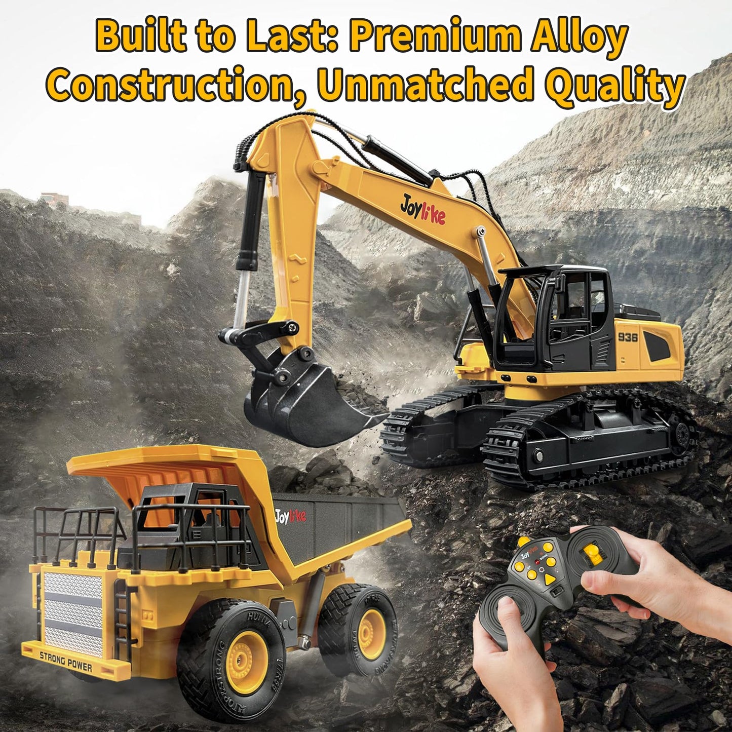 Joylike RC Excavator and Dump Truck Toy Set,2.4Ghz Metal Remote Control Construction Vehicle with Light&Sound, Best Christmas Toy for Boys 8+Year Old Kid