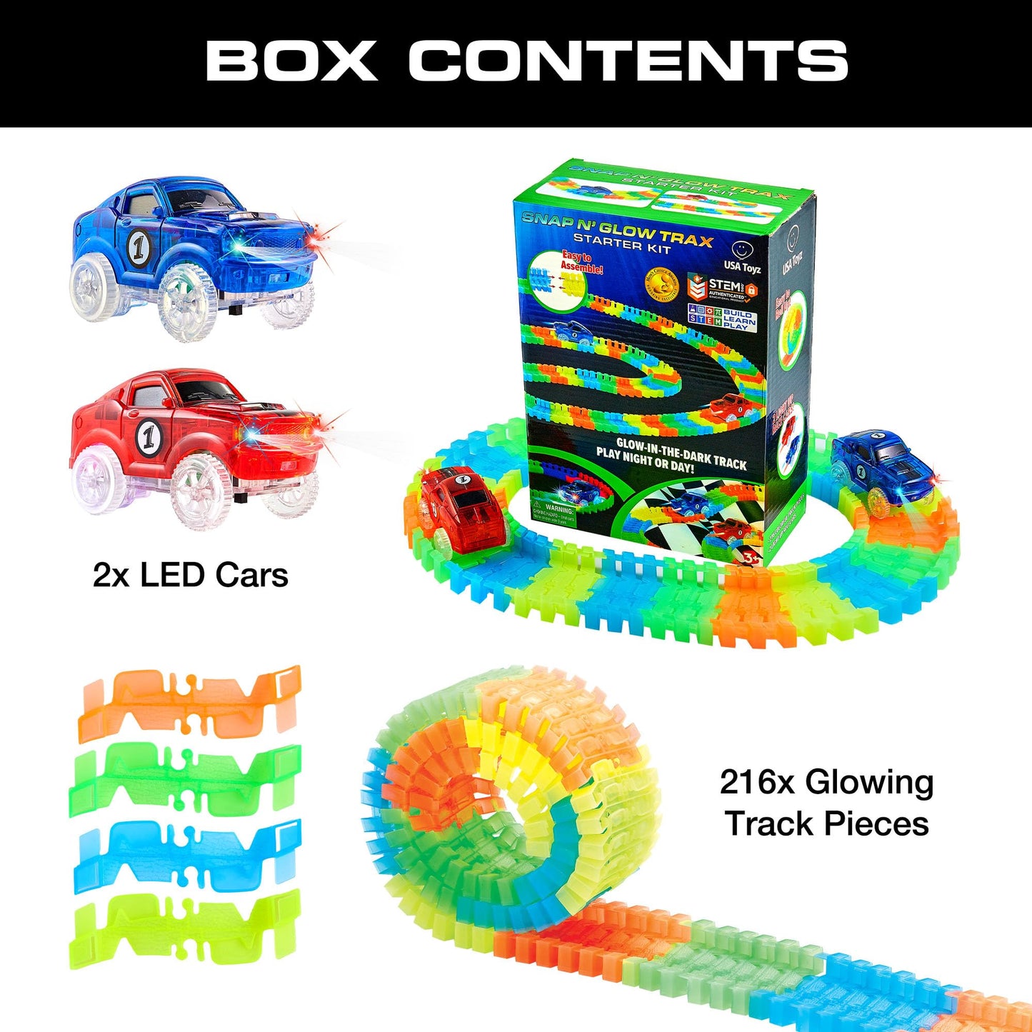 USA Toyz Glow Tracks Starter Kit – 216pc Bendable Glow-in-the-Dark Rainbow Race Track with 2 LED Cars, STEM Toy for Kids
