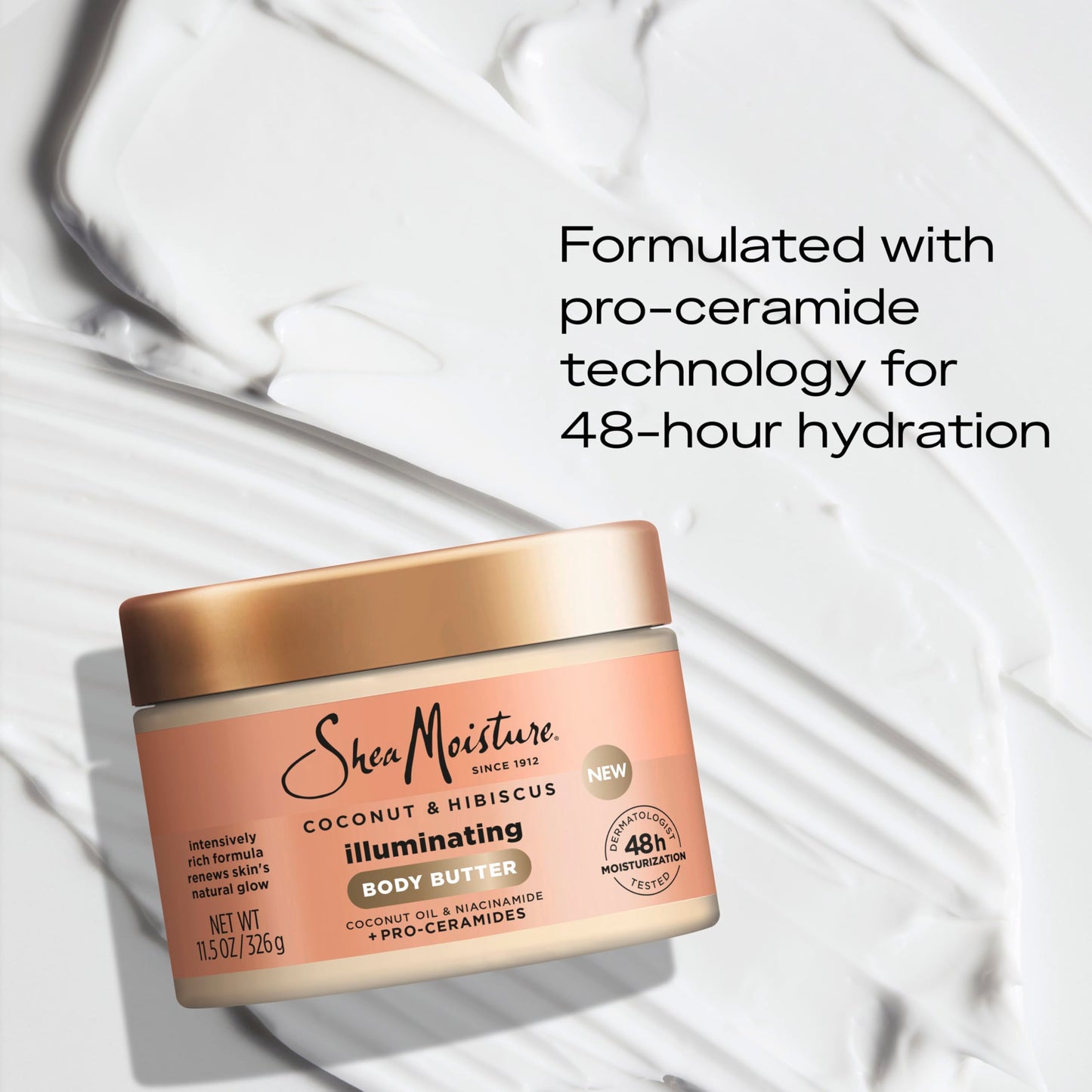 SheaMoisture Illuminating Body Butter with Coconut & Hibiscus, Niacinamide and Pro-Ceramides, Renewing Skin’s Natural Glow, 48H Moisturizing 11.5 oz