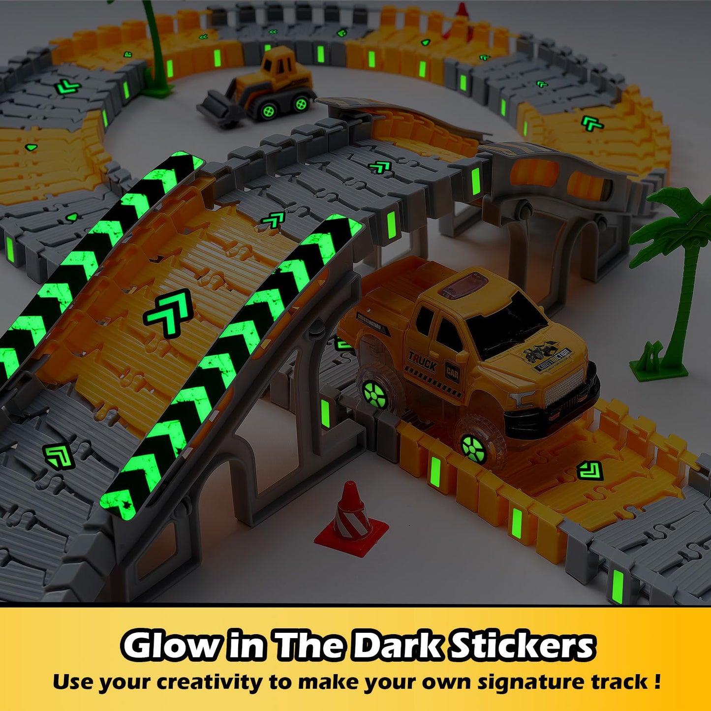 264PCS Glow-in-the-Dark Construction Race Track Set with 2 Light-Up Cars & 3 Construction Vehicles, Flexible DIY Toy for Kids Ages 3-9