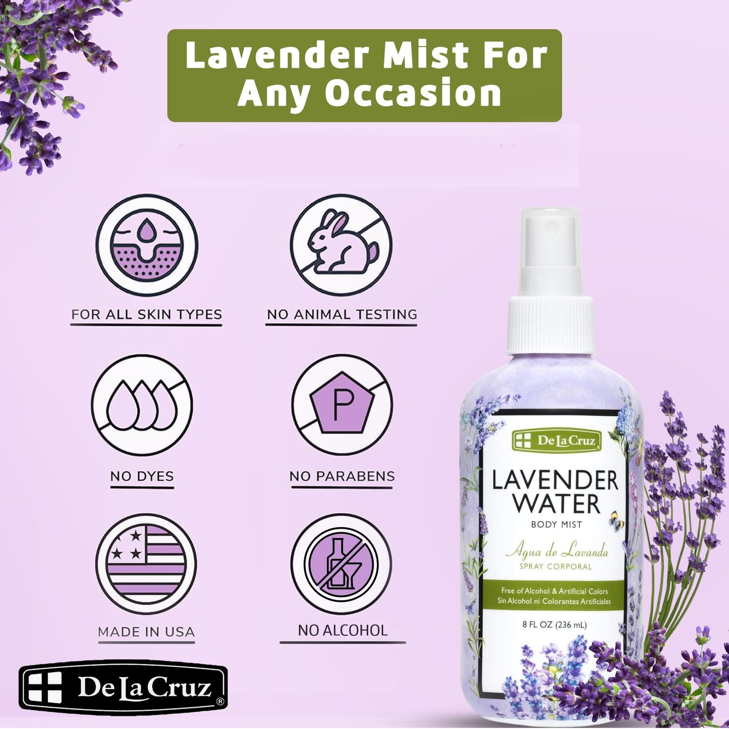 De La Cruz Lavender Water Body Mist - Lavender Spray body mist With Pure Lavender Essential Oil 8 fl oz (236 mL)