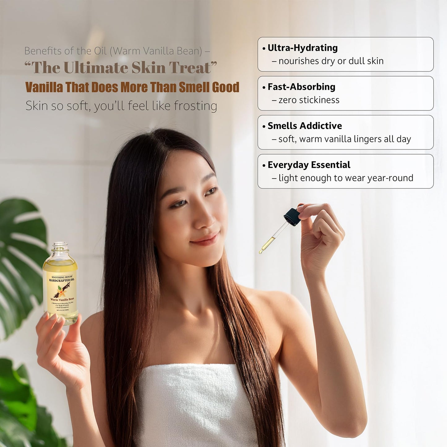 Soothing House Warm Vanilla Bean Body Oil - Moisturizing Body Oil for Soft, Glowing Skin with Almond & Jojoba Oil (4 fl oz)