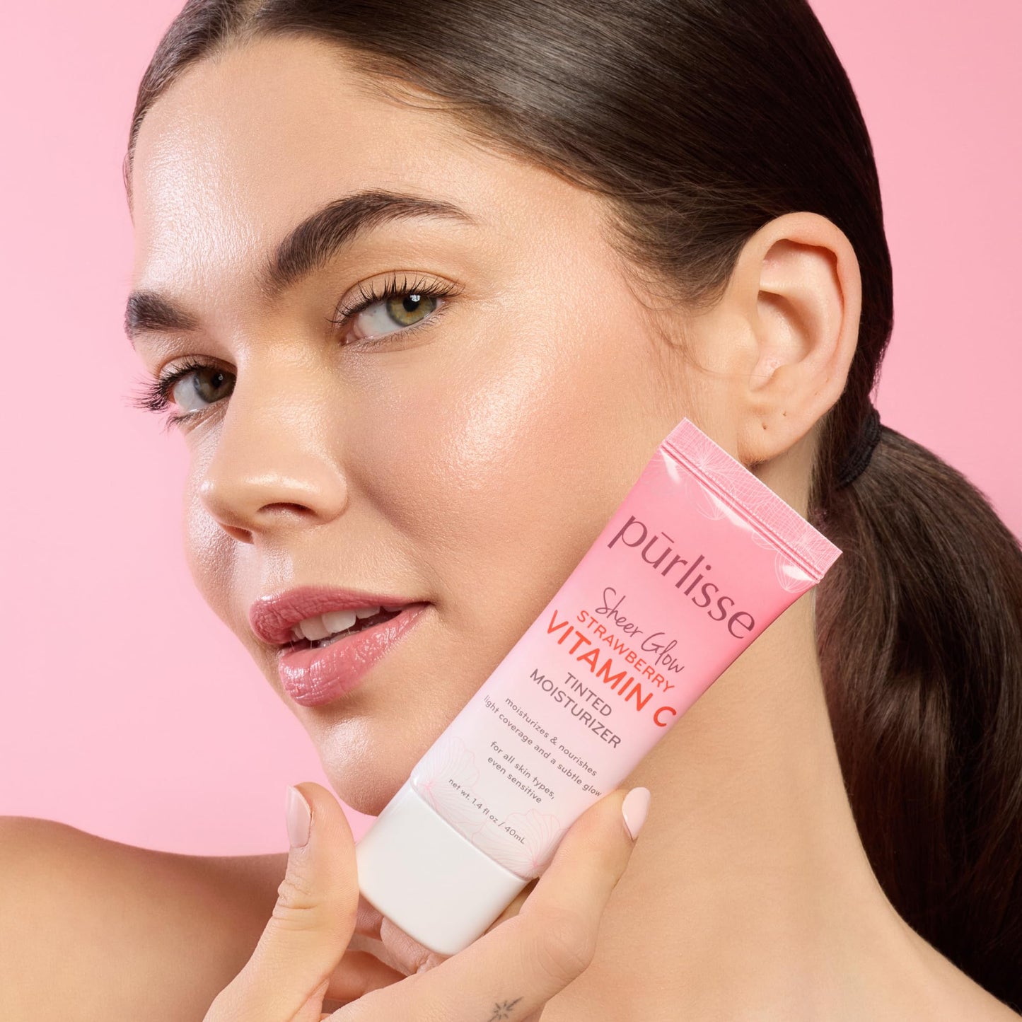 pürlisse Sheer Glow Strawberry Vitamin C Tinted Moisturizer - Dewy Skin Tint with Antioxidants for Even Complexion & Light Coverage - Medium Tan, 1.4 oz