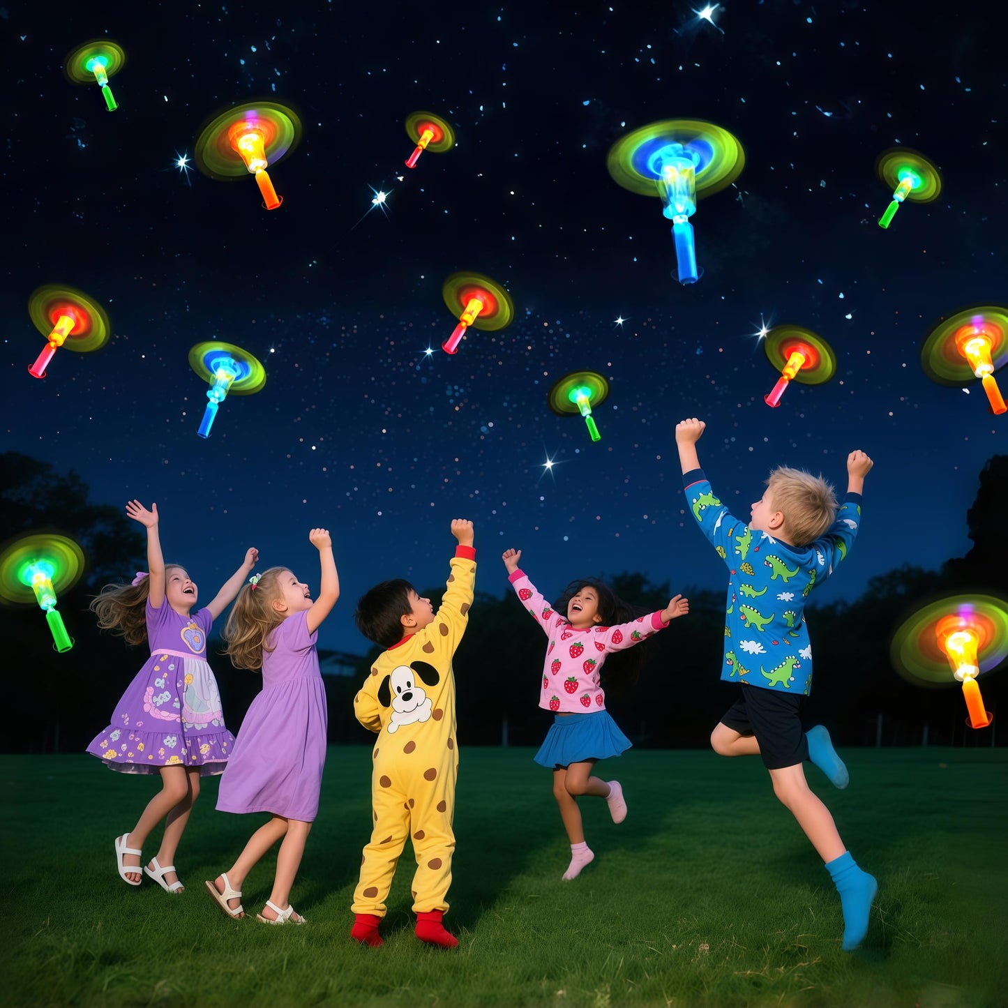 25-Pack LED Flying Toys Set with Whistle, Rocket Slingshot & Glow Arrow Helicopters – Glow-in-the-Dark Outdoor Toys for Kids 4-12