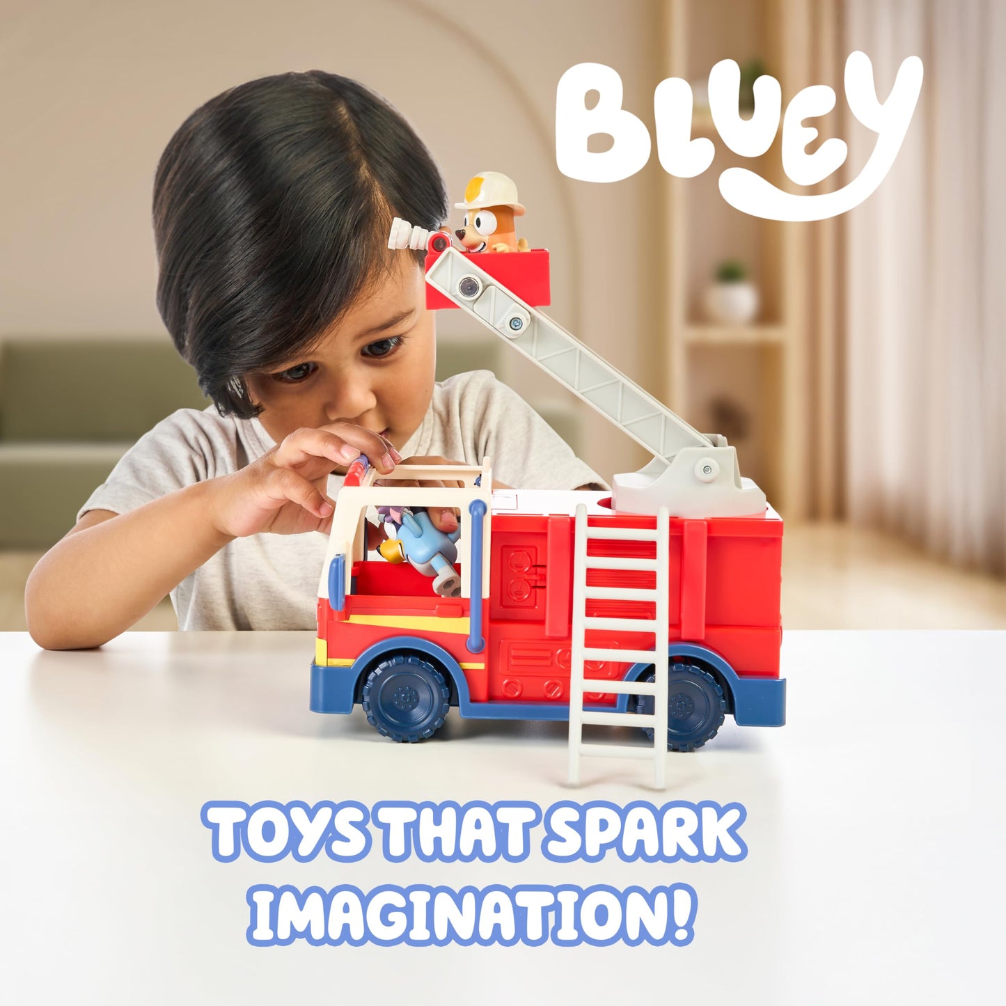 Bluey Firetruck Toy with Firefighter Bingo, Bob Bilby Figures | Extendable Ladder & Hose | Includes Stickers - Perfect for Kids Ages 3+