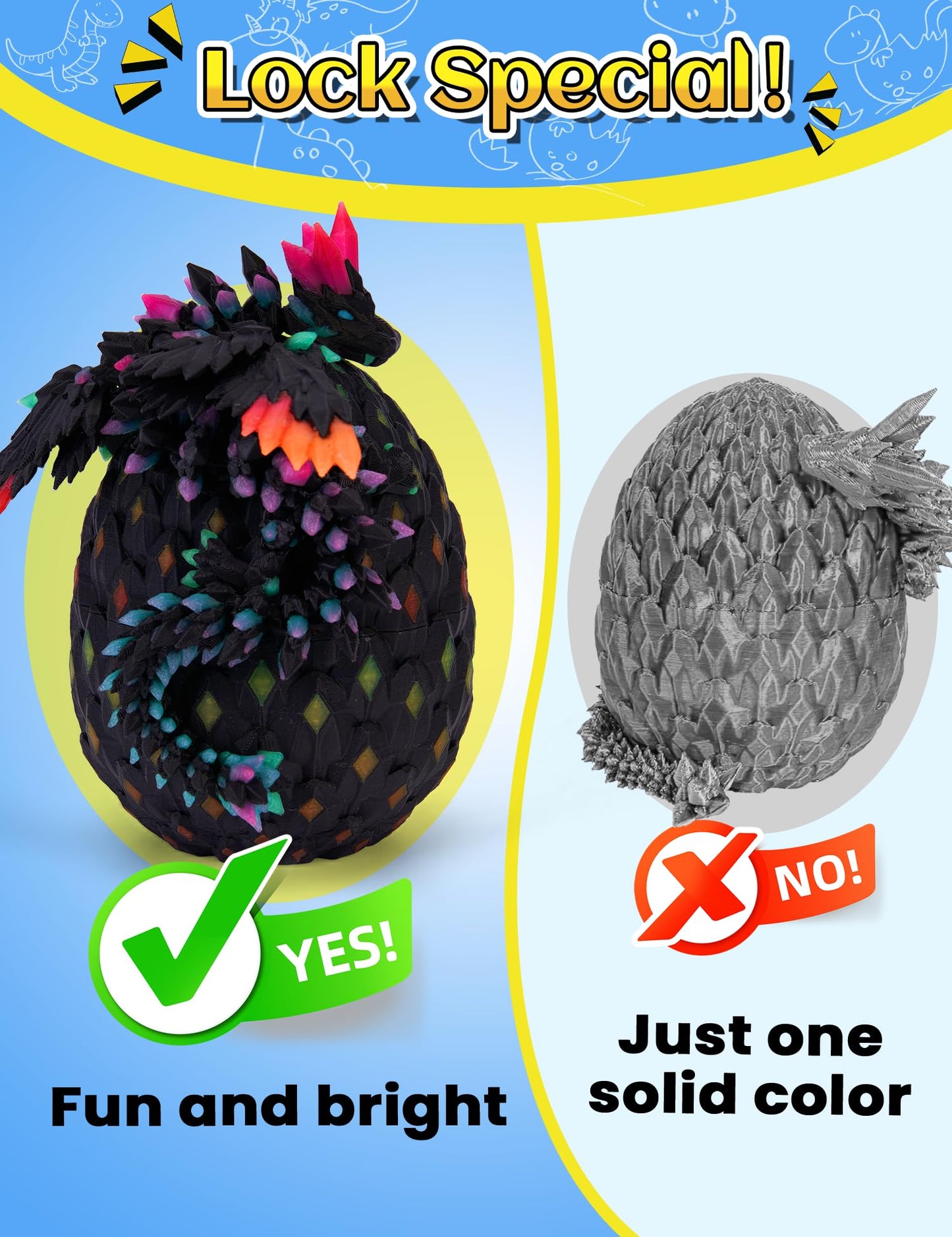 YILCER 3D Printed Glow-in-the-Dark Dragon Eggs with Wings, Articulated Fidget & Dinosaur Toys for Teens, Boys & Girls â Rainbow