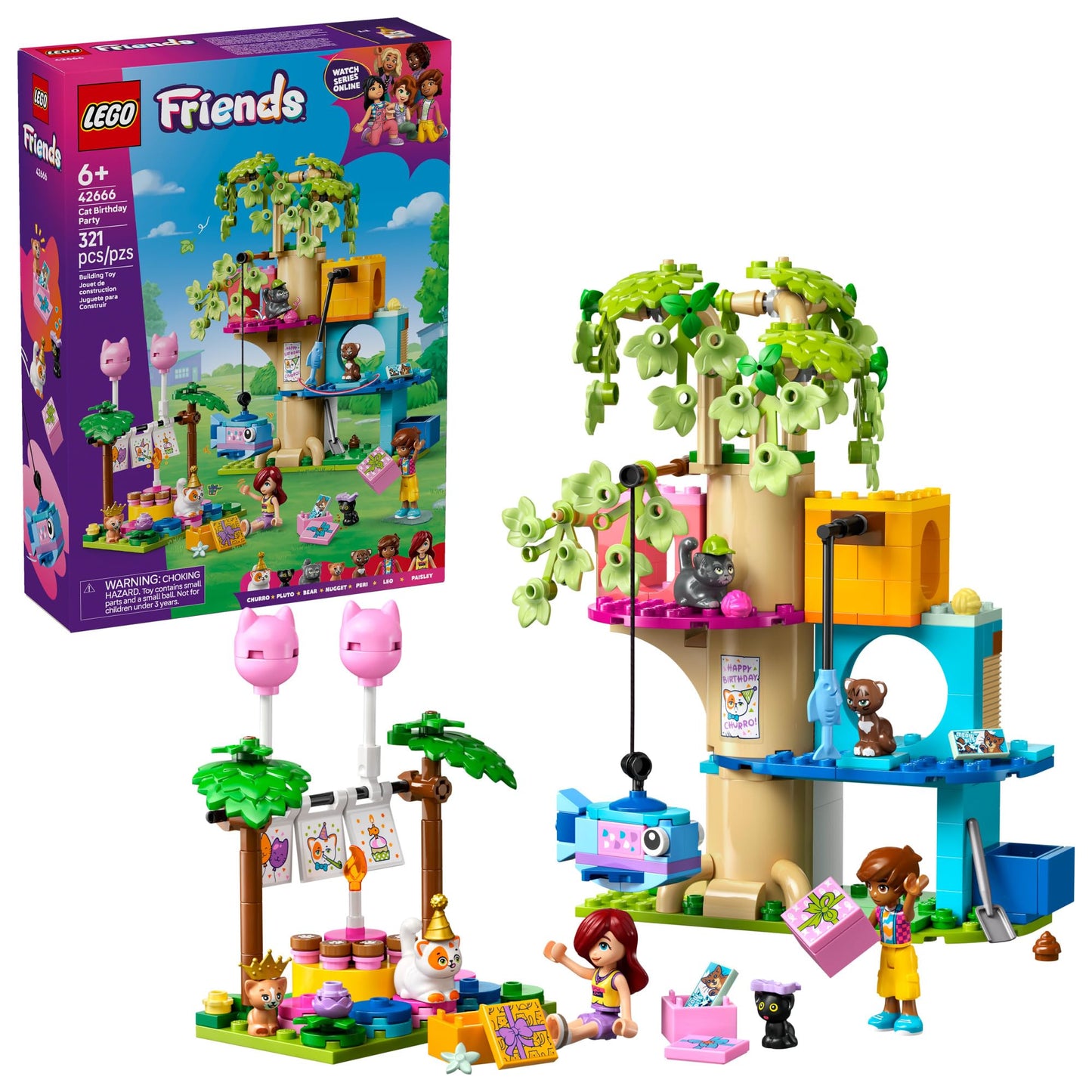 LEGO Friends Cat Birthday Party & Tree House Set - Building Blocks with Cat Toys & 2 Minidolls, Creative Storytelling Toy for Kids 9+