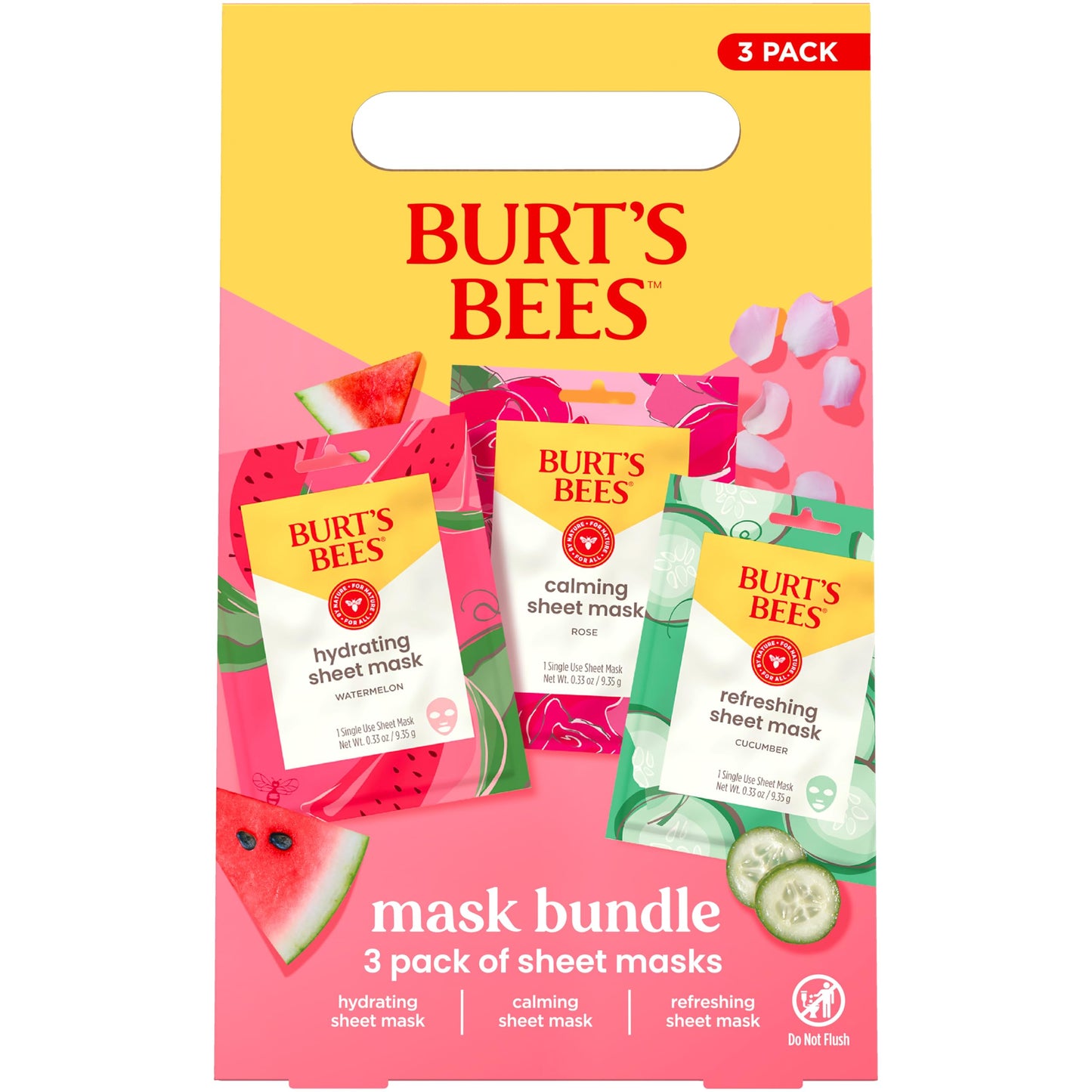 Burt's Bees Holiday Face Mask Set – Hydrating Watermelon, Calming Rose & Refreshing Cucumber Sheet Masks, 3 Single-Use, 99% Natural, 0.33oz Each