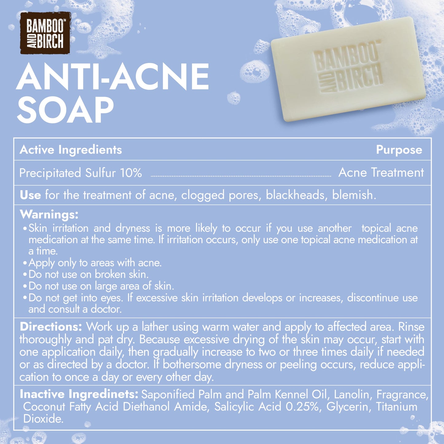 BAMBOO & BIRCH Sulfur Acne Soap Bar 10% with Salicylic Acid – Face & Body, Reduces Oil & Pimples, 3.5 oz, All Skin Types