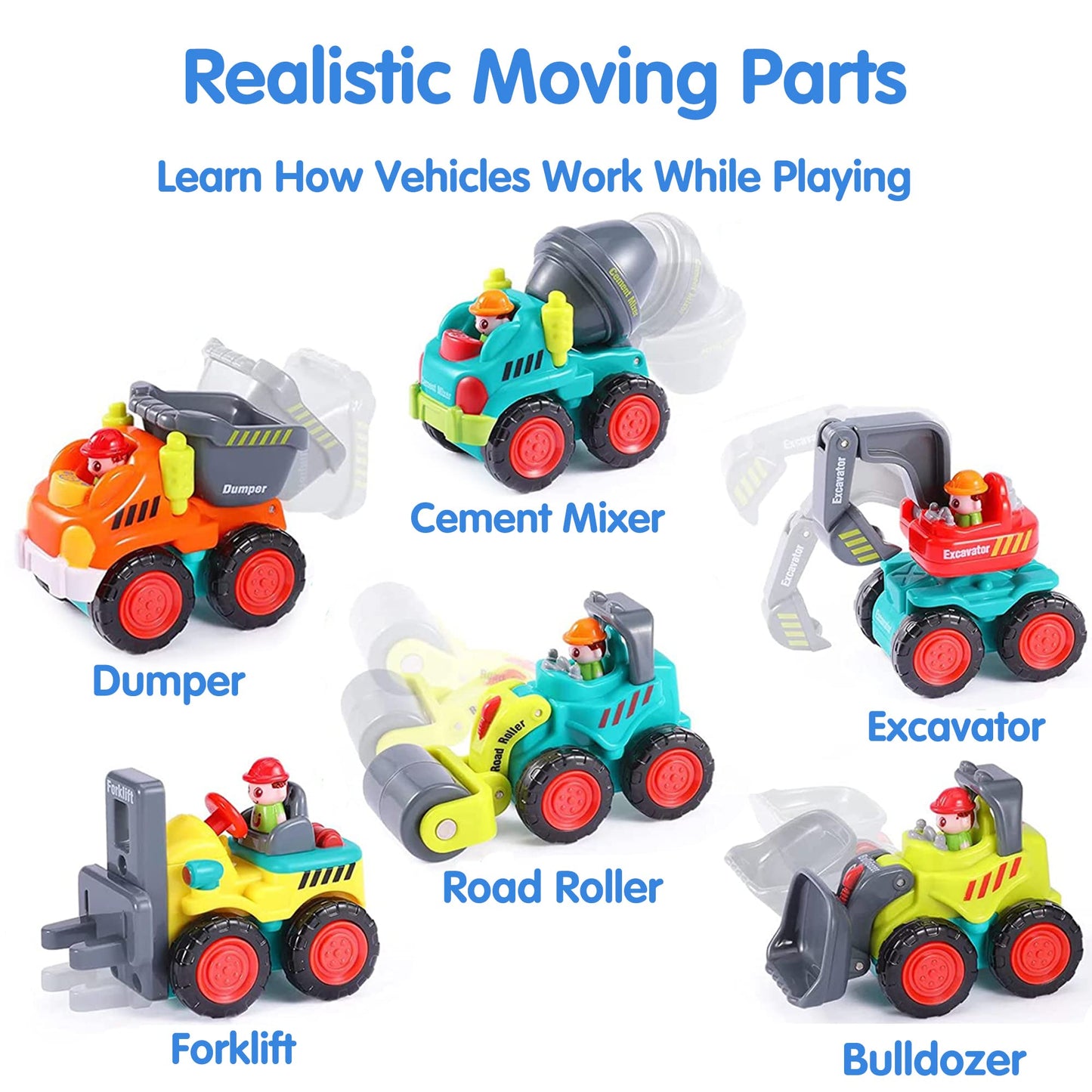 iPlay iLearn Toddler Construction Trucks Set with Playmat – Mini Push Go Cars, Excavator, Dump & Bulldozer, Gifts for 6-36 Month Boys
