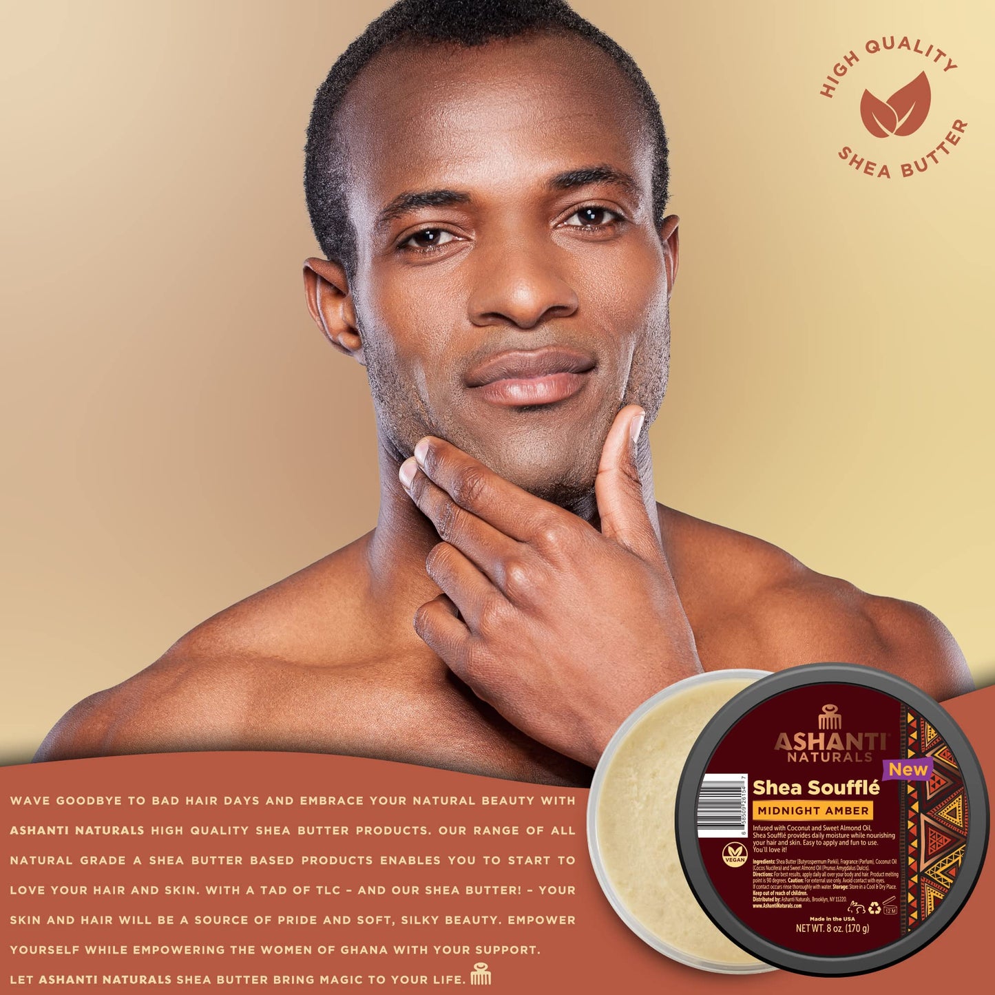 Ashanti Naturals Scented Whipped Shea Butter – Unrefined Ghana Shea with Coconut & Almond Oil, Moisturizing & Soothing, Midnight Amber Souffle 8 oz