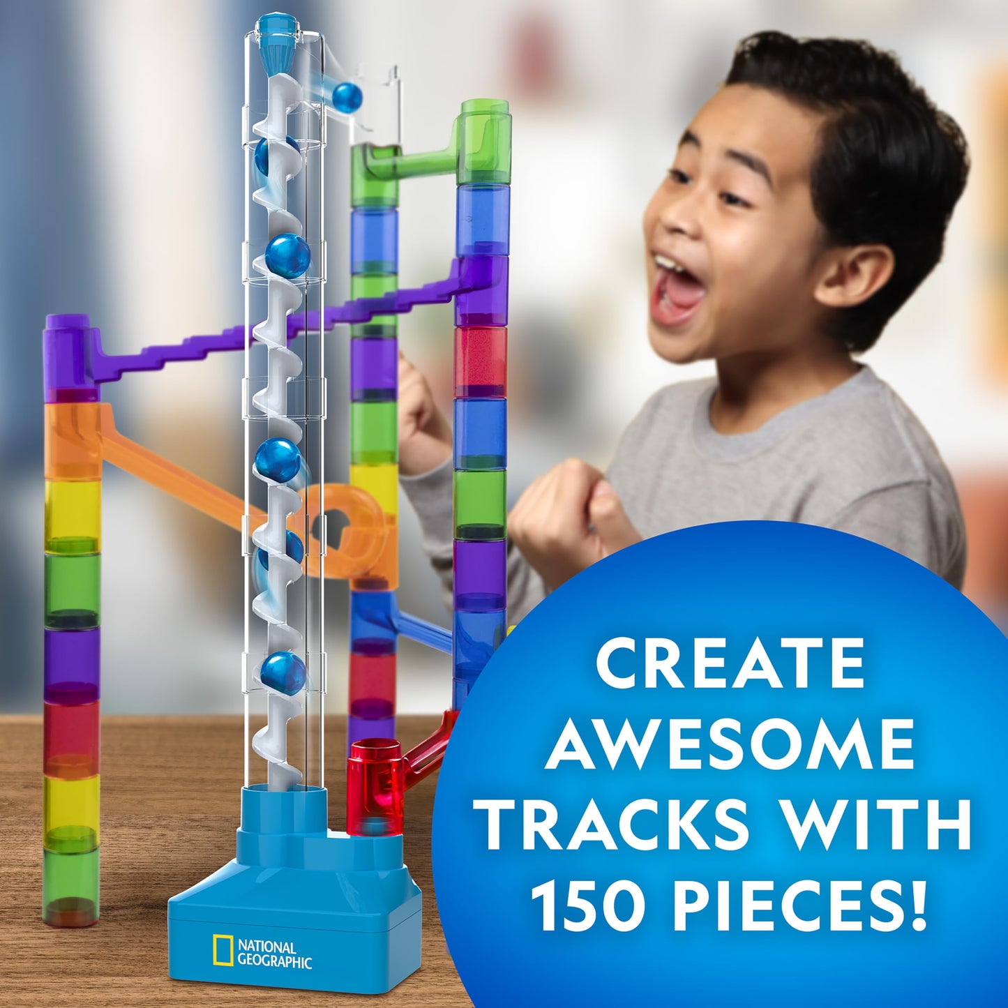 National Geographic Marble Run Kit – 150-Piece Motorized Spiral Lift Maze with 30 Marbles, Storage Bag & Kids Physics Toy