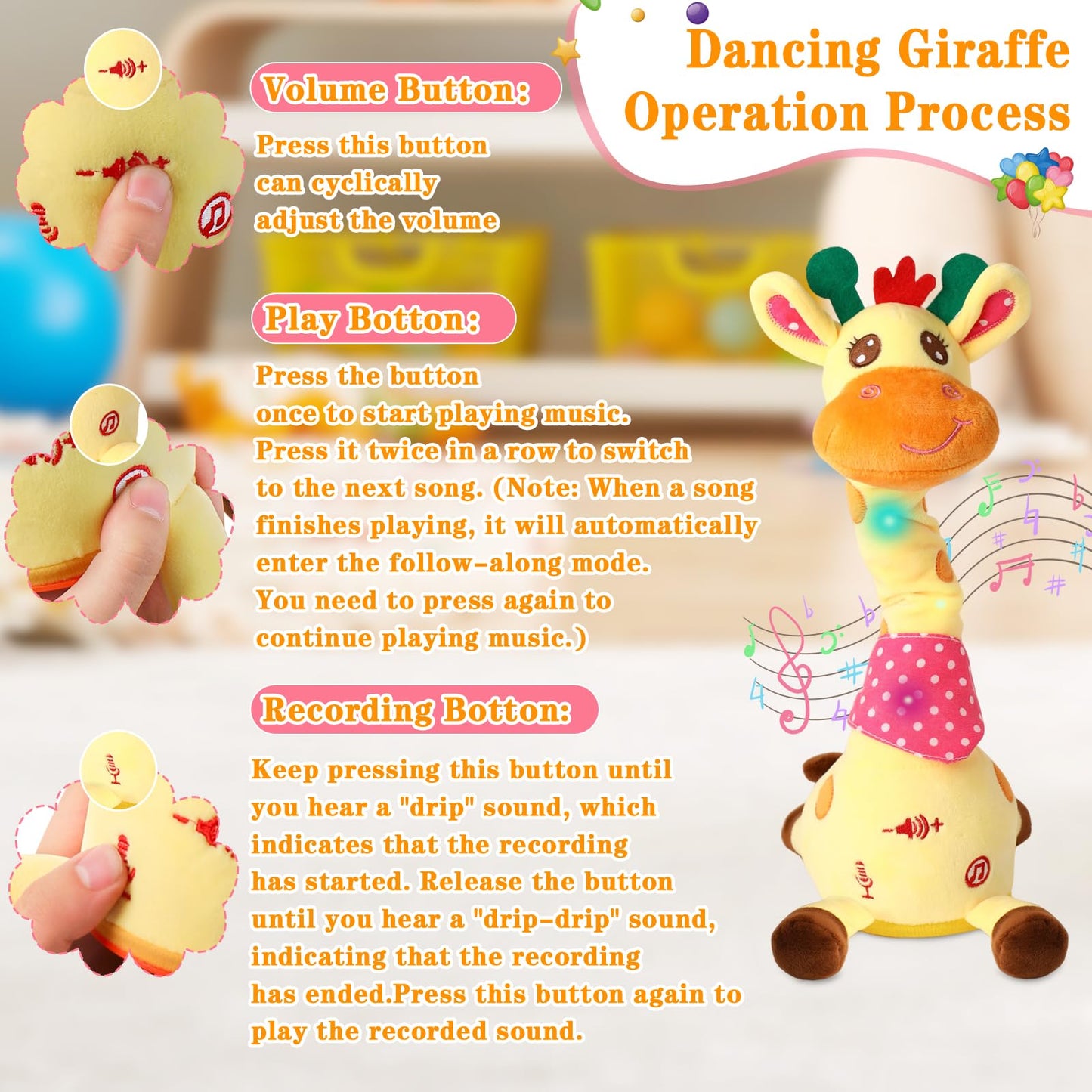 LLUKEME Dancing Talking Giraffe Toy – Stuffed Animal, Musical Light-Up Plush, Repeats What You Say, Fun Gift for Toddlers 1-3