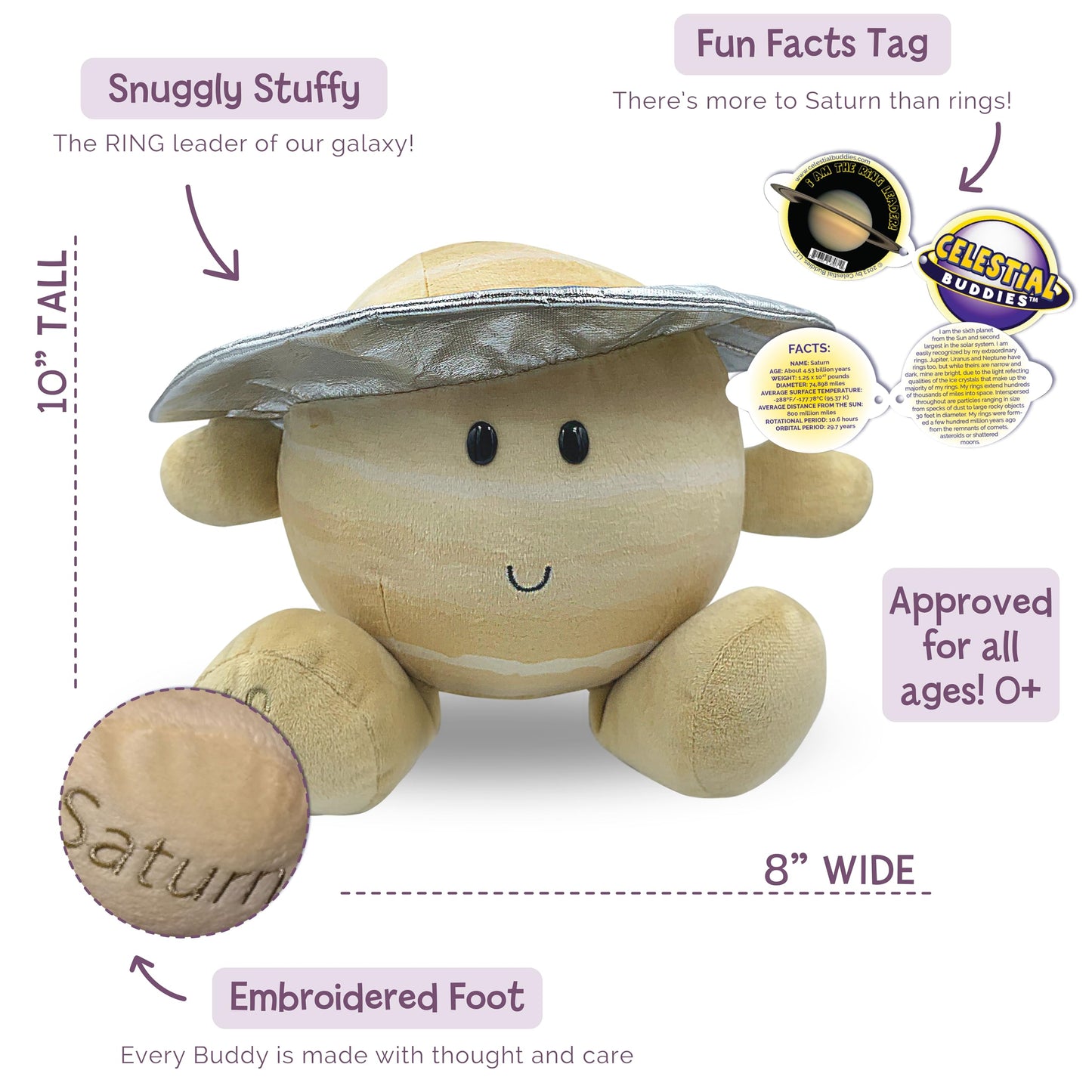 Celestial Buddies Saturn Plush | 10" Soft Stuffed Planet Toy with Fun Facts Tag | STEM Learning Space Gift for Kids & Classrooms