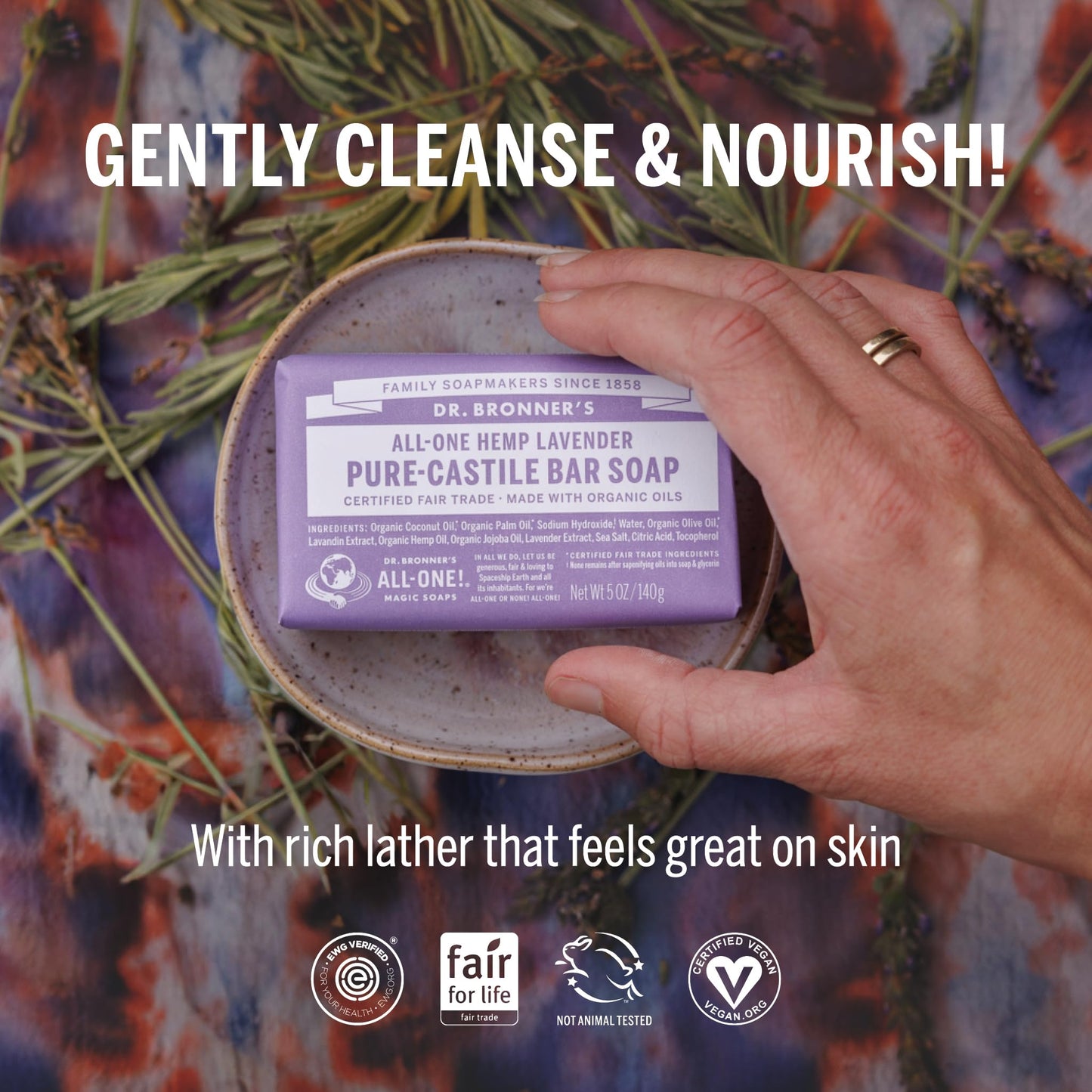 Dr. Bronner's Pure-Castile Lavender Soap Bars, 2 Pack 5oz – Vegan, Gentle on Face, Body & Hair, Made with Organic Certified Oils