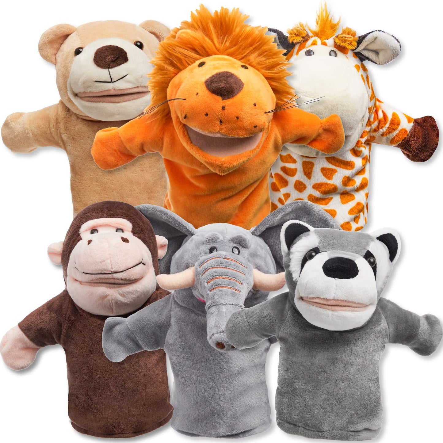 JOYIN 6Pcs Animal Hand Puppet Set with Moving Mouths – Elephant, Giraffe, Lion, Bear, Raccoon & Monkey Plush Toys for Kids Age 3+