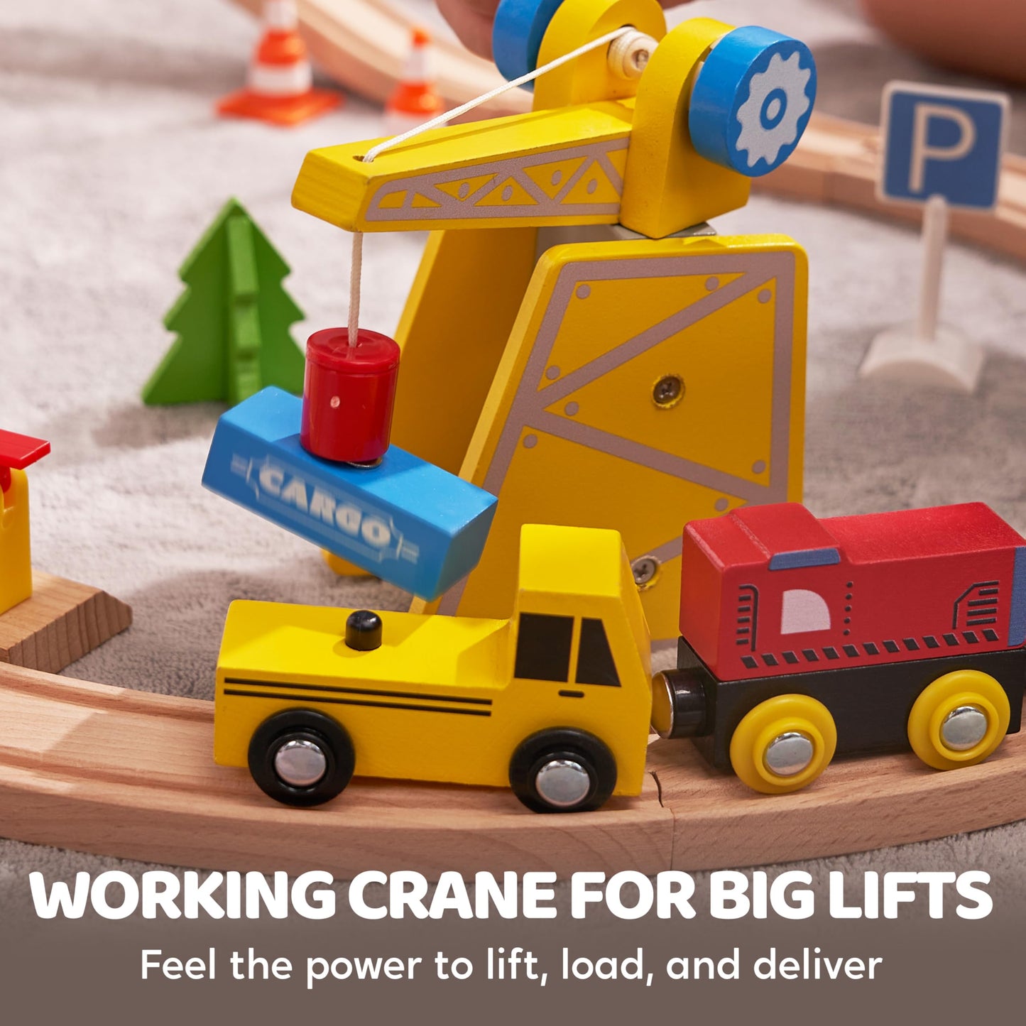 60PCS Wooden Train Set - Construction Express Railway with Magnetic Crane, Trains & Accessories, Fun Birthday & Christmas Gift for Kids 2-8