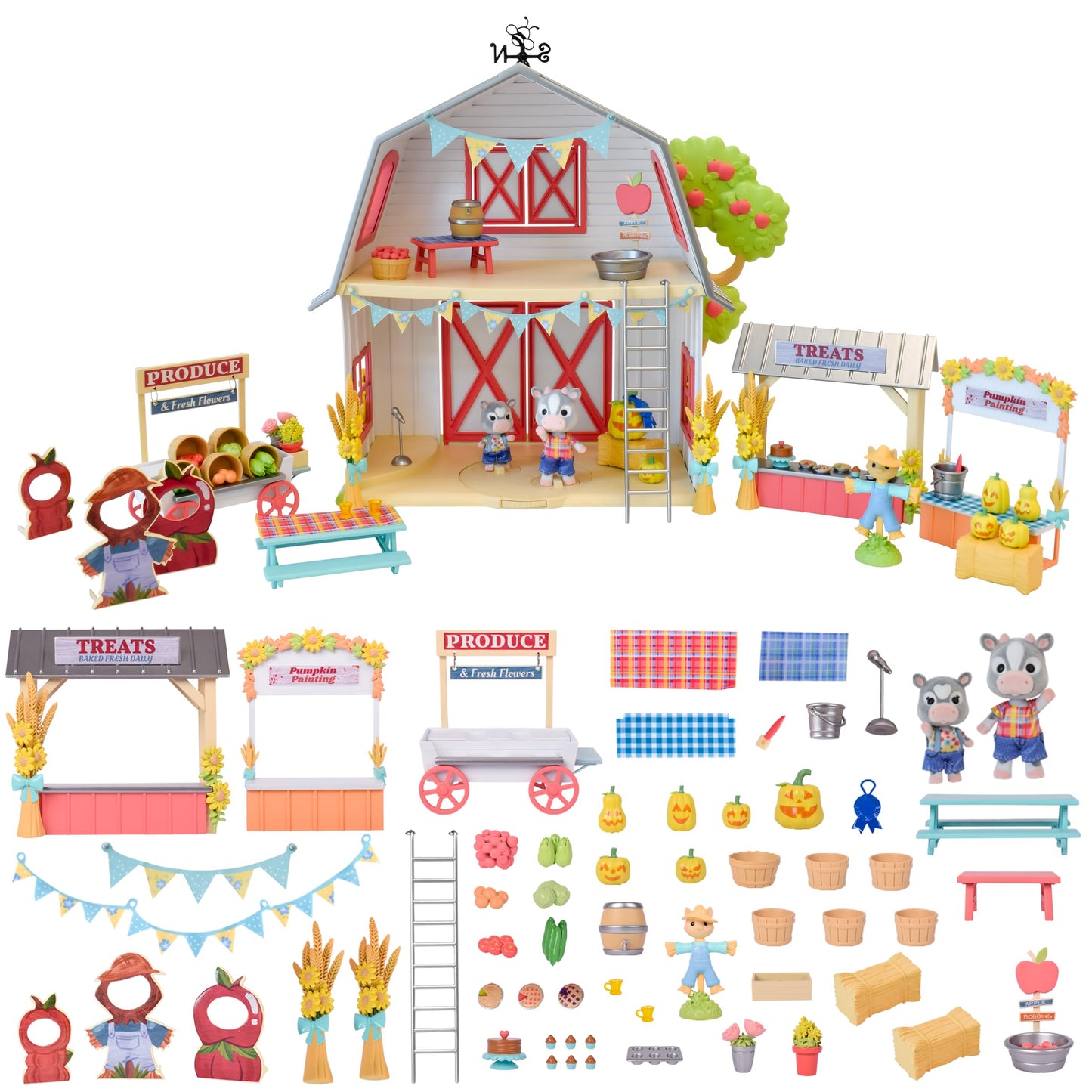 Honey Bee Acres Harvest Festival 62 Piece Miniature Dollhouse Playset with Flocked Animal Figures & Accessories, Imaginative Farm Play