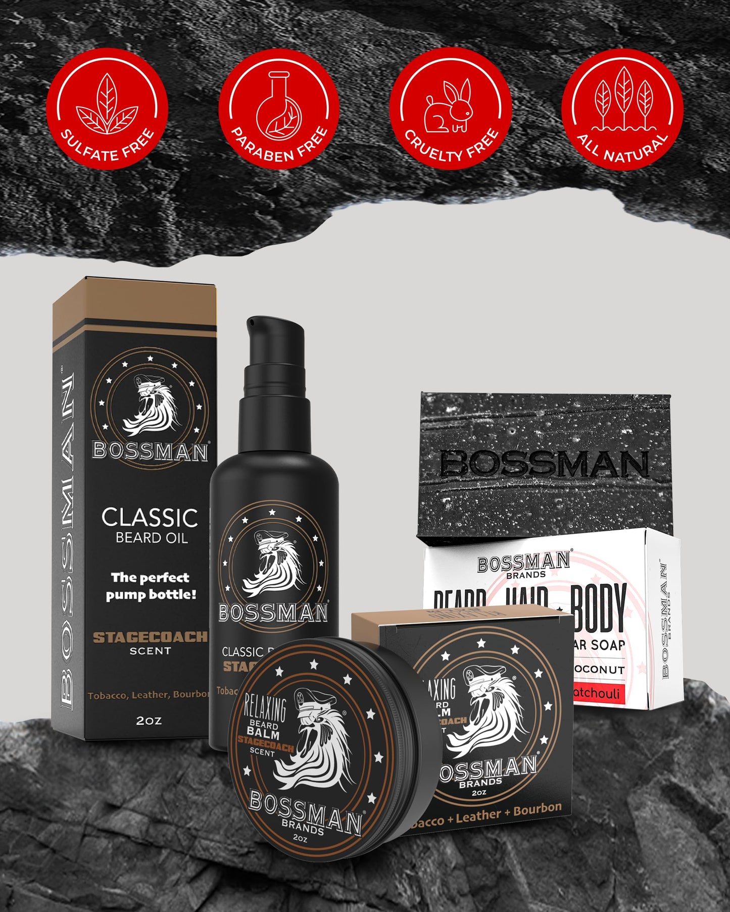 Bossman Starter Beard Kit for Men – Beard Oil (2 oz), Beard Balm & Bar Soap – Natural & Organic Grooming Kit – Made in the USA (Stagecoach Scent)