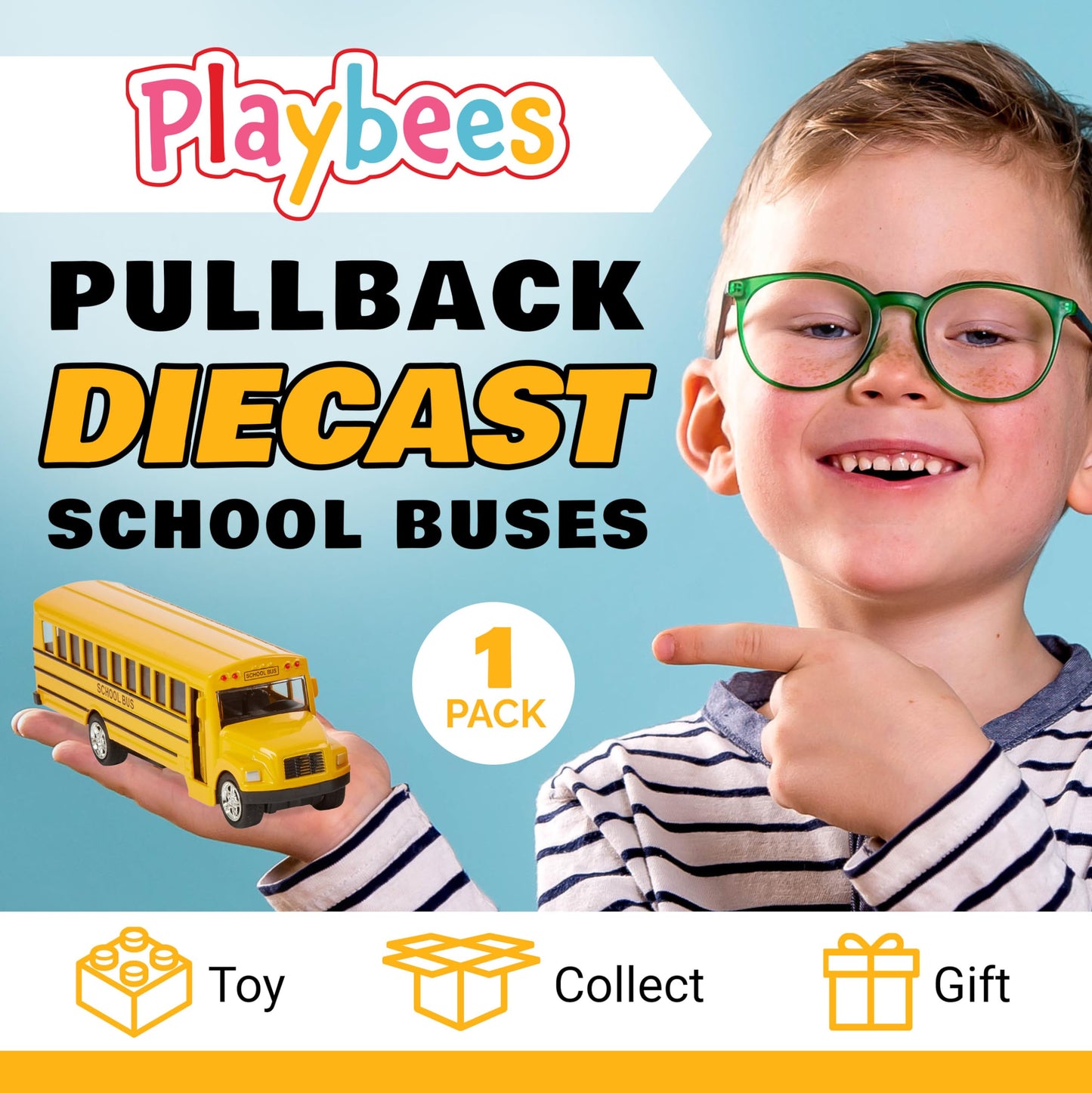 Playbees 6-Inch Long-Nose School Bus Die-Cast Toy Car with Pullback Action, Opening Doors & Realistic Design – Gift for Boys & Girls