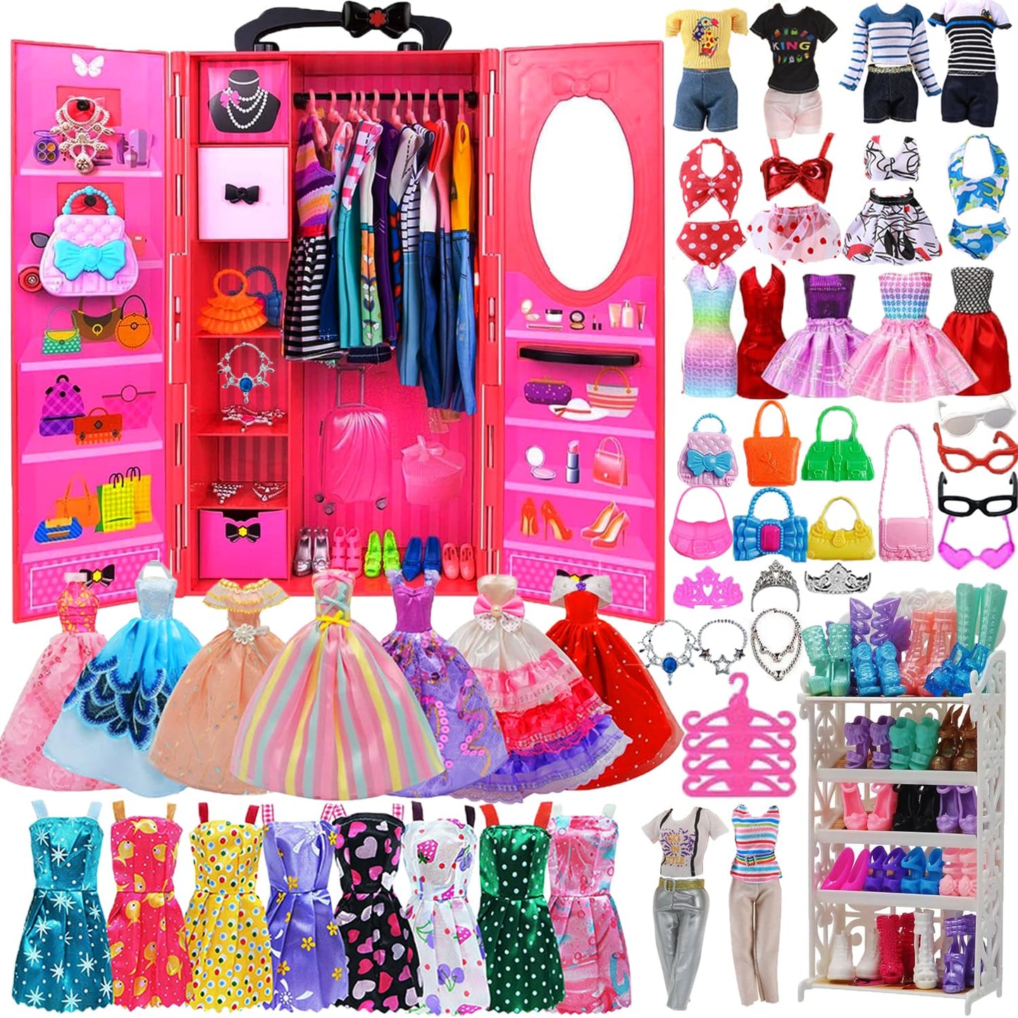 Korilave 108-Piece Doll Clothes & Accessories Set with Closet Wardrobe for 11.5" Dolls – Dresses, Swimsuits, Bags, Hangers, Birthday Gift