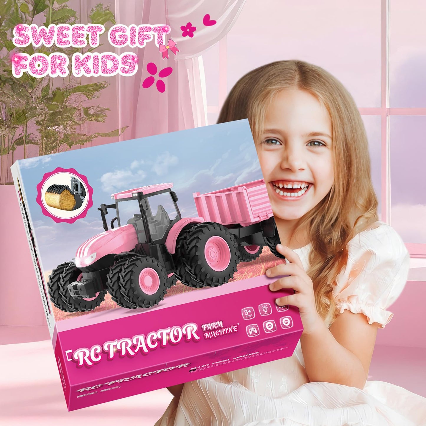 Remote Control Tractor Toy 2025 – RC Tractor, Truck & Trailer with Front Loader, 8-Wheel Lights, Metal Farm Vehicle for Kids 3-9, Pink Gift