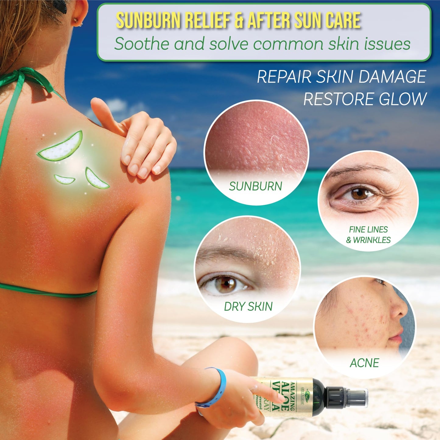 Green Leaf Naturals Aloe Vera Spray 99% Cold-Pressed with Vitamins C, E & A – Skin, Hair, Face Moisturizer & Sunburn Relief 8oz