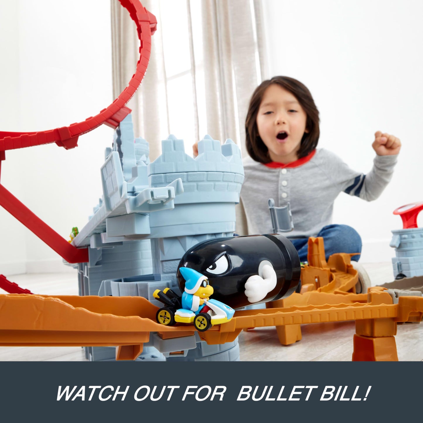 Hot Wheels Toy Car Track Set, Mario Kart Bowser’s Castle Playset & 1:64 Scale Die-Cast Kamek, Interactive Play, with Storage for 30+ Vehicles