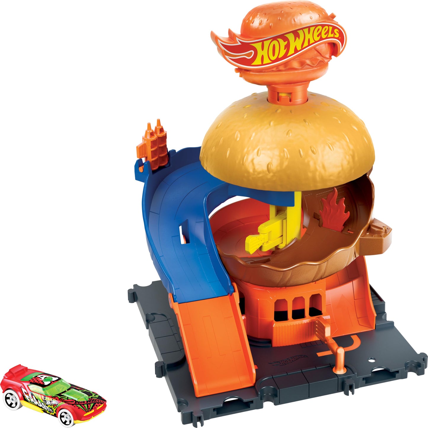 Hot Wheels City Burger Drive-Thru Playset with 1 Vehicle, Connects to Other Playsets & Tracks, Gift for Kids Ages 4 to 8 Years Old