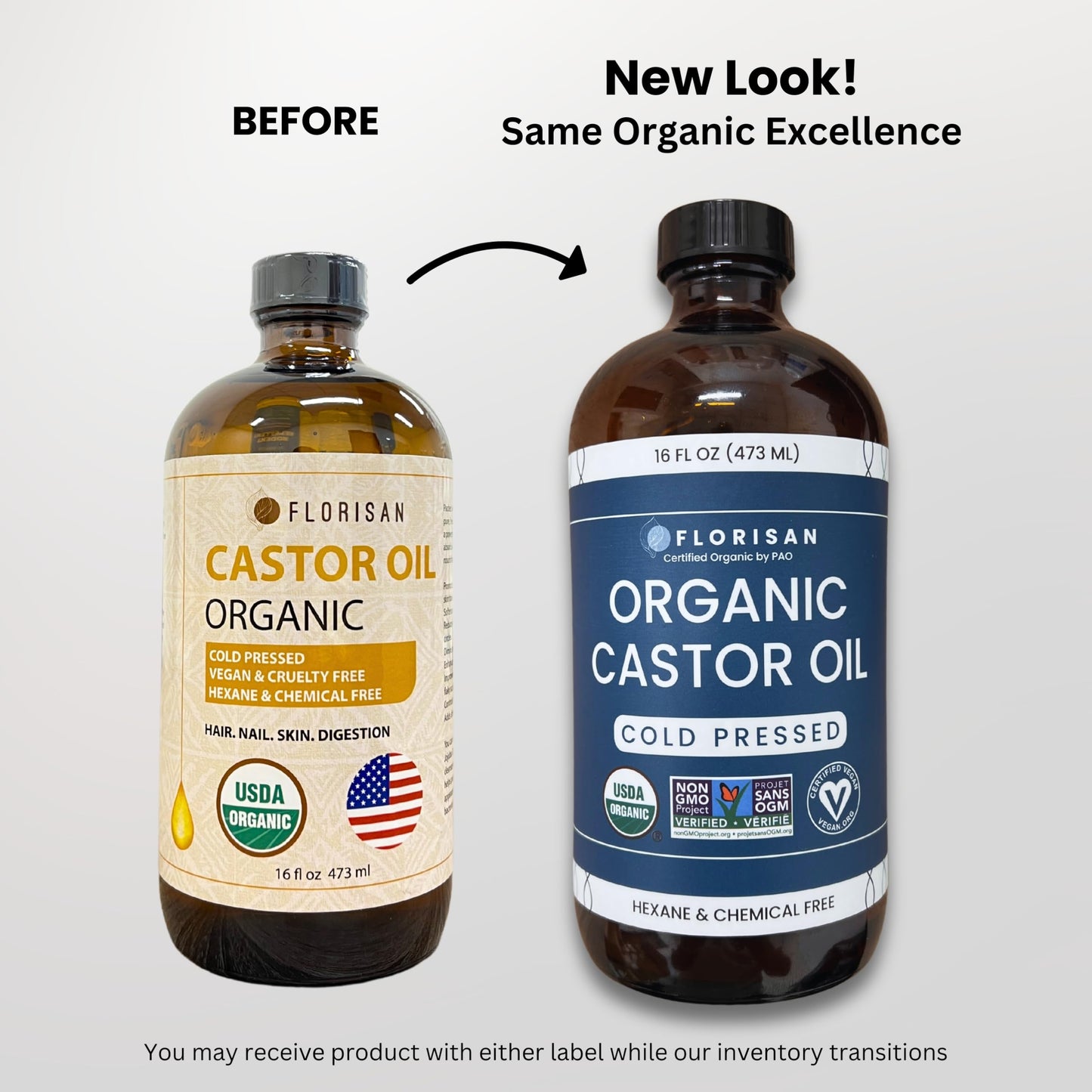 Florisan Organic Castor Oil 16oz – 100% Pure, Cold Pressed, Hexane-Free, Non-GMO Oil for Hair Growth, Skin, Lashes & Brows, USDA & EWG Certified